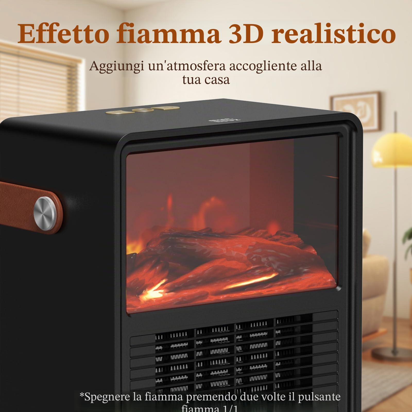 Minthouz Termoventilatore Elettrico 1200W/800W con Effetto Fiamma 3D, Termostato Regolabile, Sicuro, Basso Rumore, Protezione da Surriscaldamento e Ribaltamento, per Camera da Letto e Ufficio