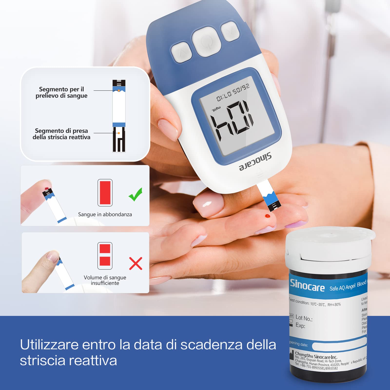 Sinocare Strisce Glicemia, 200 Strisce e 200 Pungidito, Nessuna Codifica Richiesta, 5s Mostrano il Livello di Zucchero nel Sangue (Solo per AQ Angel)