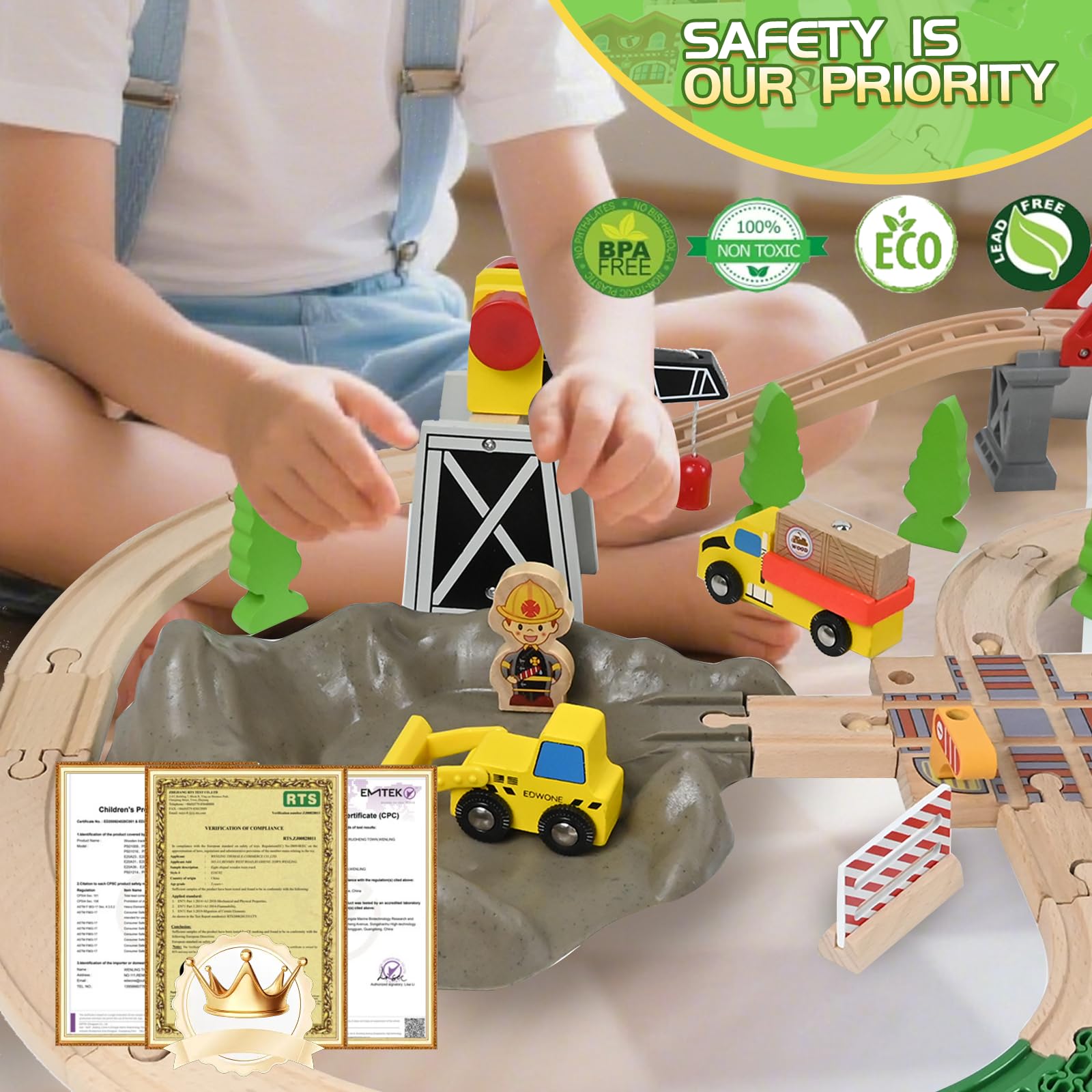 HERMORRYSS Tren de Madera para Niños, 100 Piezas Vías de Tren de Madera y Juguetes de TrenS, TrenS Eléctrico, Ferrocarril de Ingeniería con Grúa Magnética, Figuras, Regalo para Niños y Niña de 3+ Años