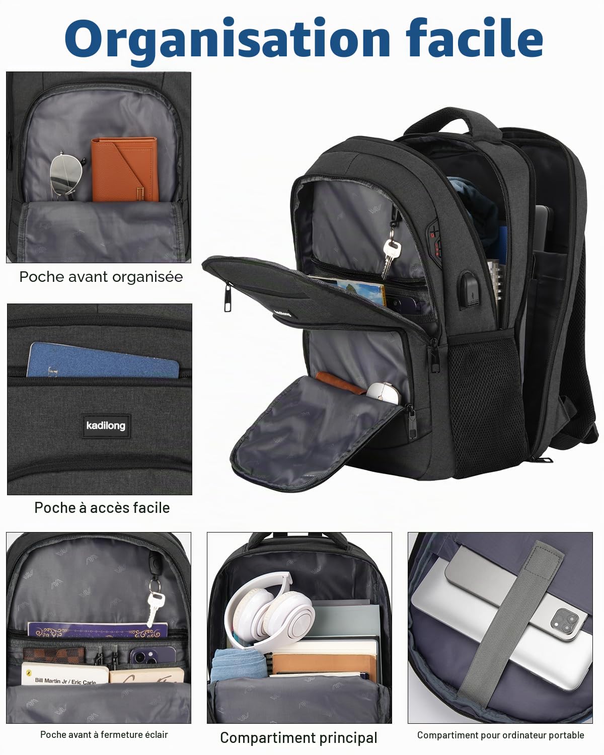 Sac à Dos Ordinateur Portable 15.6 Pouces Femme Homme Fonctionnel,Sac École Garçon PC Portable avec USB Charging Port Imperméable Antivol pour Collège Affaire Scolaire Lycée Business Travail,Noir