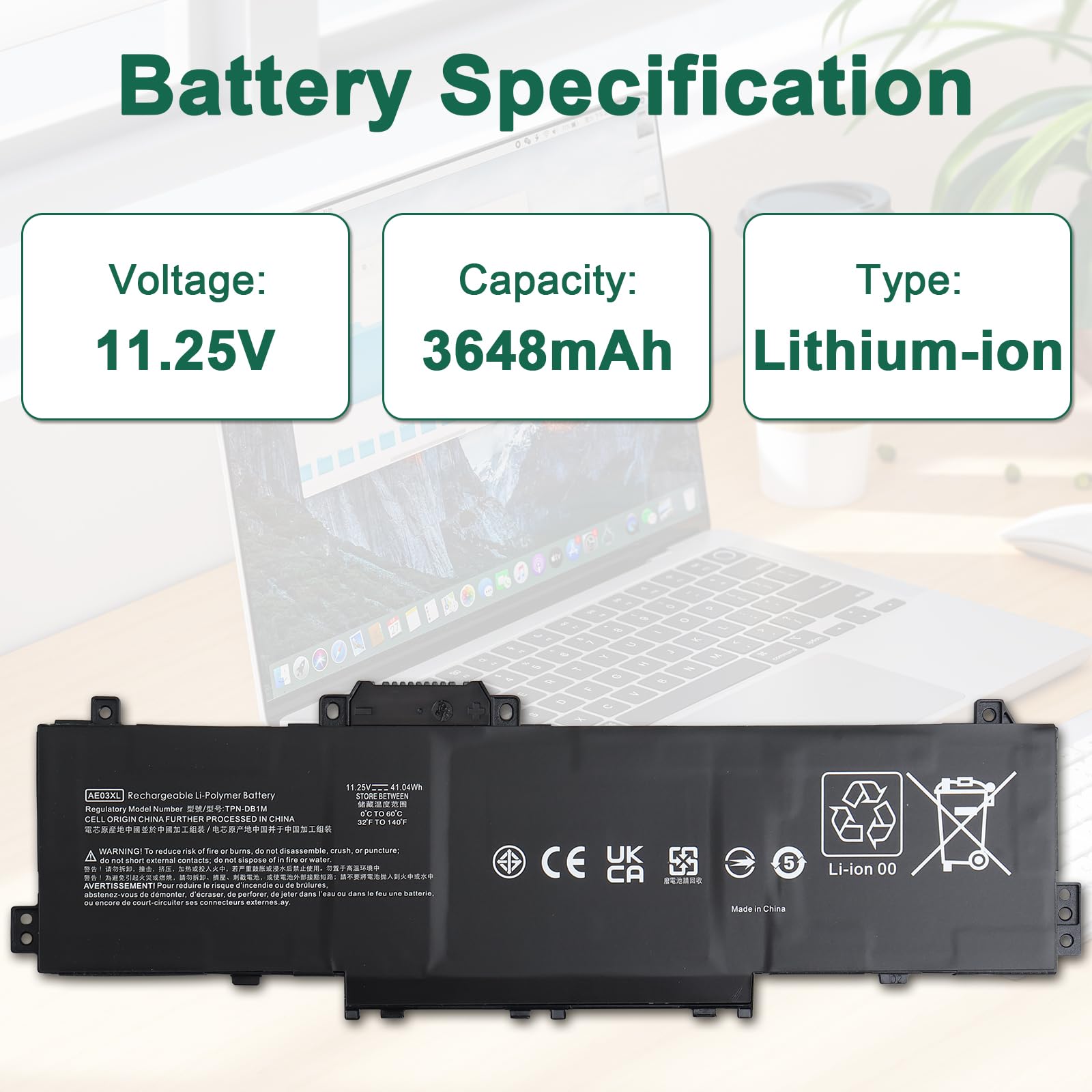 AE03XL AE03041XL Laptop Batteria Compatibile con HP 240 245 246 250 G10 14-EM 14-EE 15-FC 15-FD 15 A11U A11UD GF66 HSTNN-AB1B N21969-005 85A19EA - 11.25V 41.04Wh 3648mAh