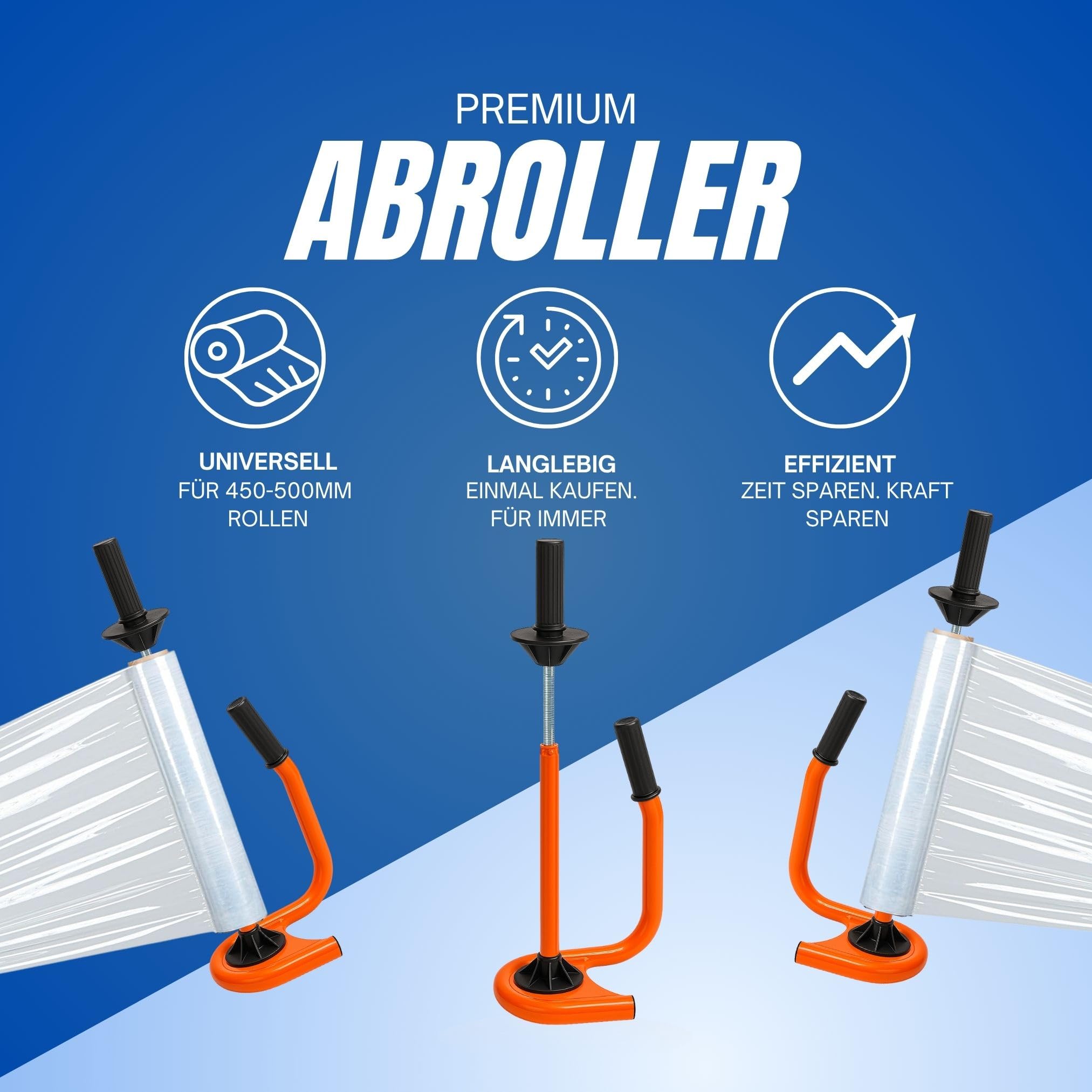 Profi Stretchfolien-Abroller Set, Orange, mit 6 Rollen Stretchfolie 23 µm, 50 cm Breite, Blau