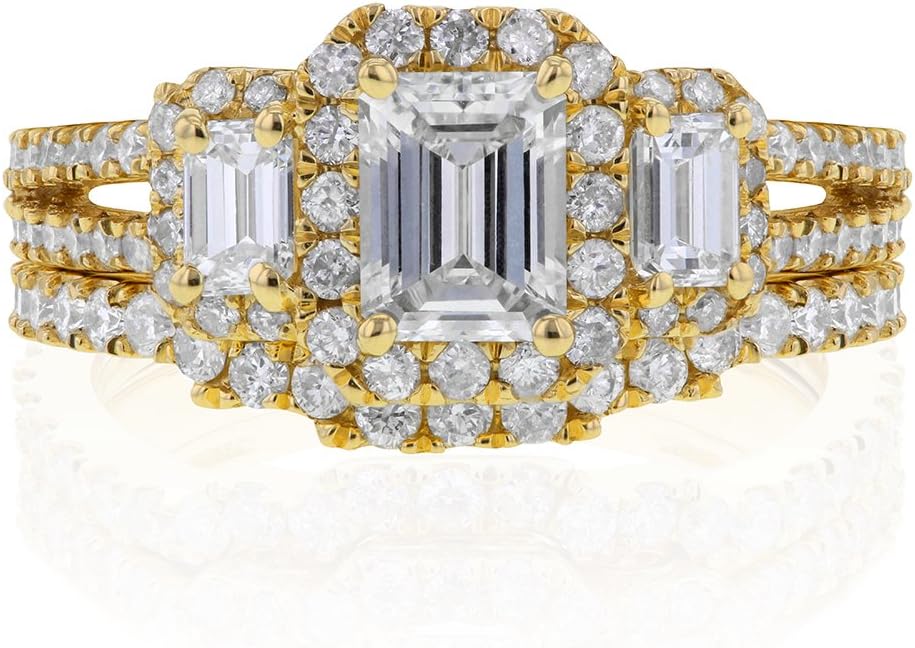 Kobelli Emerald Cut Diamond 3-Stone Halo Wedding Set 1 1/2 CTW in 14k Yellow Gold