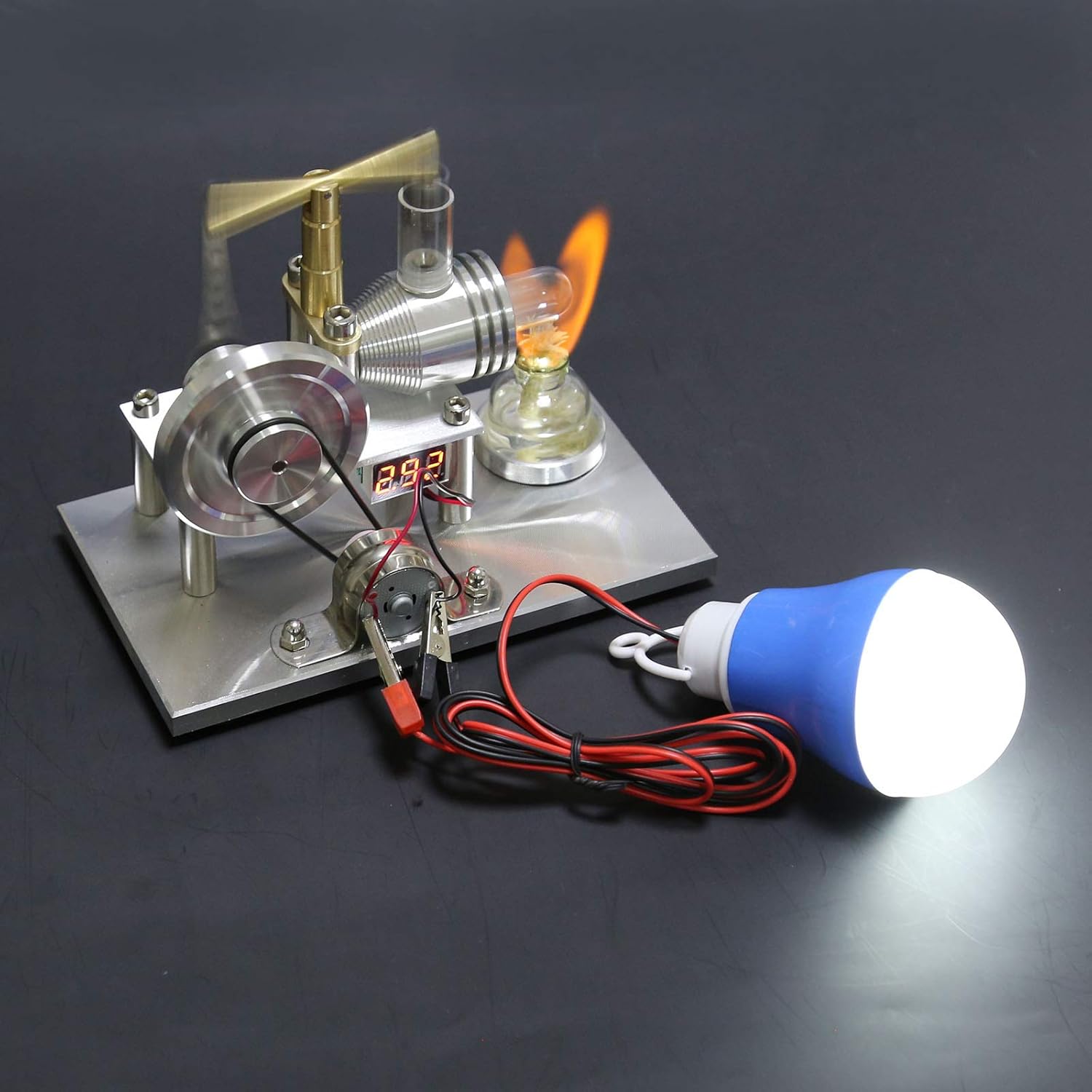 ENJOMOR Balance Beam Style Hot Air Stirling Engine Model with Voltage Digital Display Meter and LED Bulb, LED Power Generator for Physics Science STEM Educational Tools, Desktop Decoration
