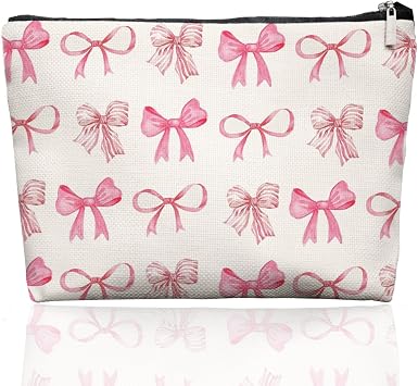 Pink Preppy Coquette Bow Makeup Bag Make Up Bag, Preppy Cosmetic Bags for Women, Preppy Coquette Gifts for Women Teen Girls,Dorm Room Essentials for Girls