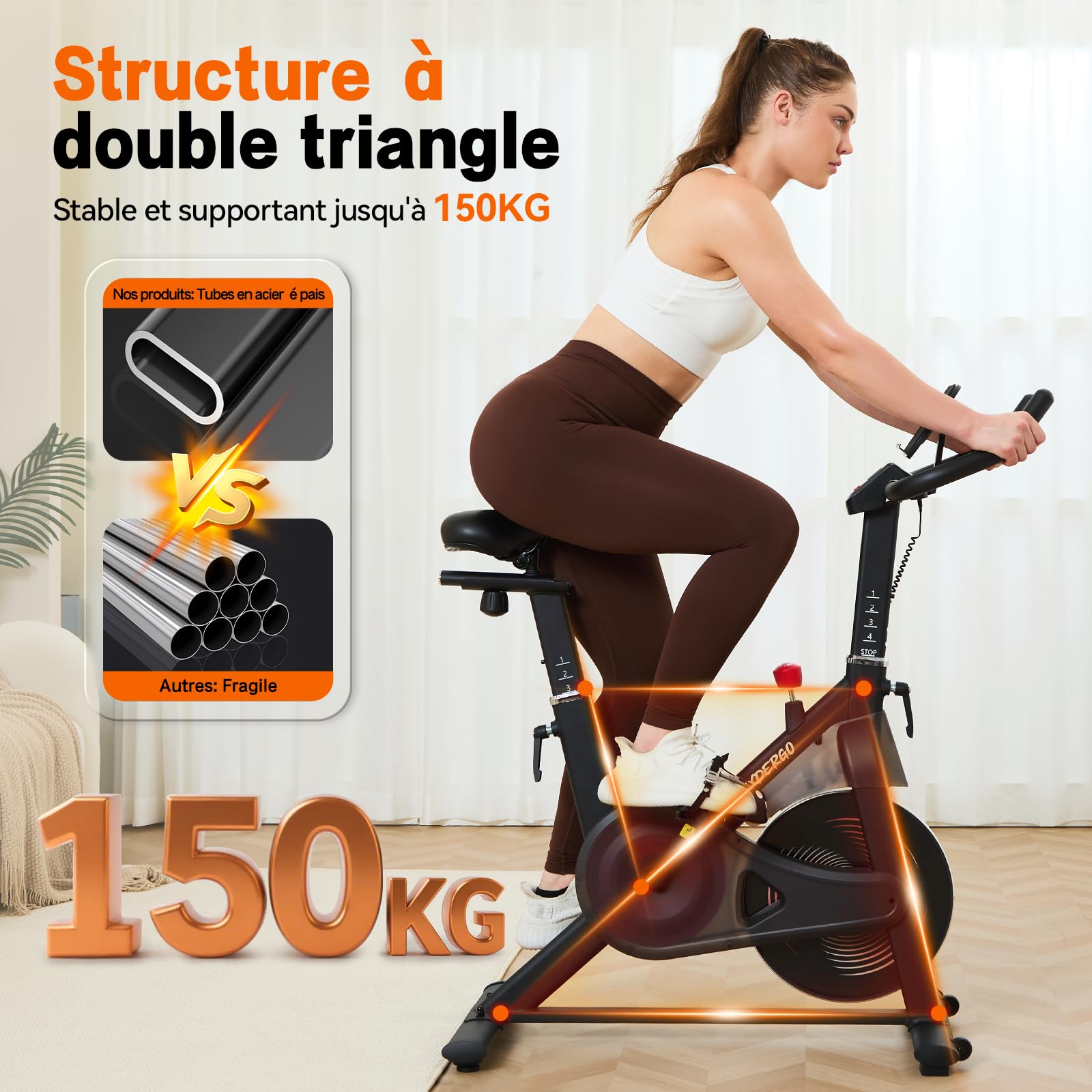 HXD-ERGO Vélo d’Appartement Magnétique Silencieux – Résistance Infinie, Structure Stable, Siège & Guidon Réglables, Écran LCD, Compatible Kinomap/Zwift, Charge 150 kg