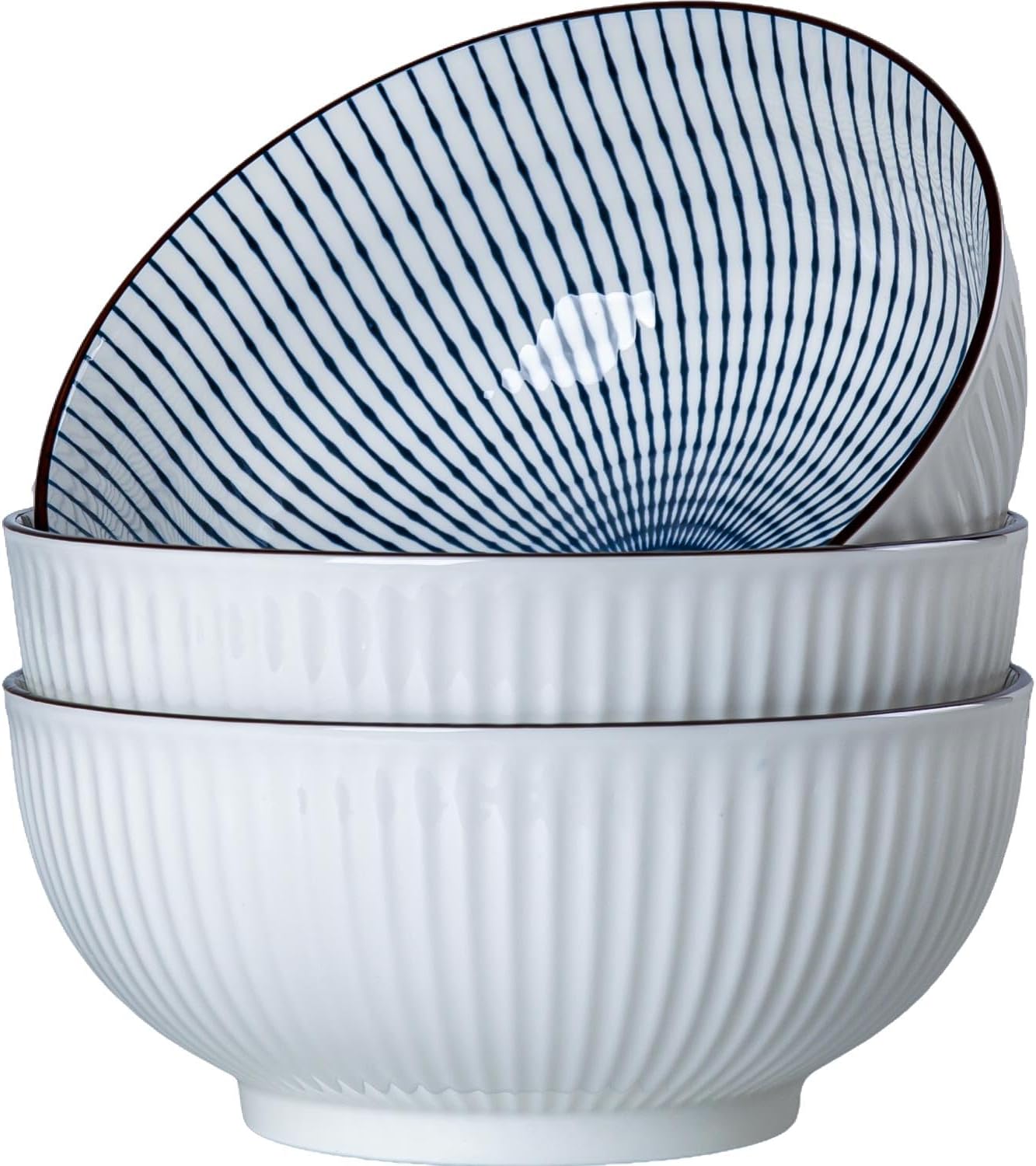 60 oz Large Soup Bowls, Pho Bowls, 8 Inch Blue and White Ceramic Japanese Ramen Bowls Set of 3 - Floral Pattern