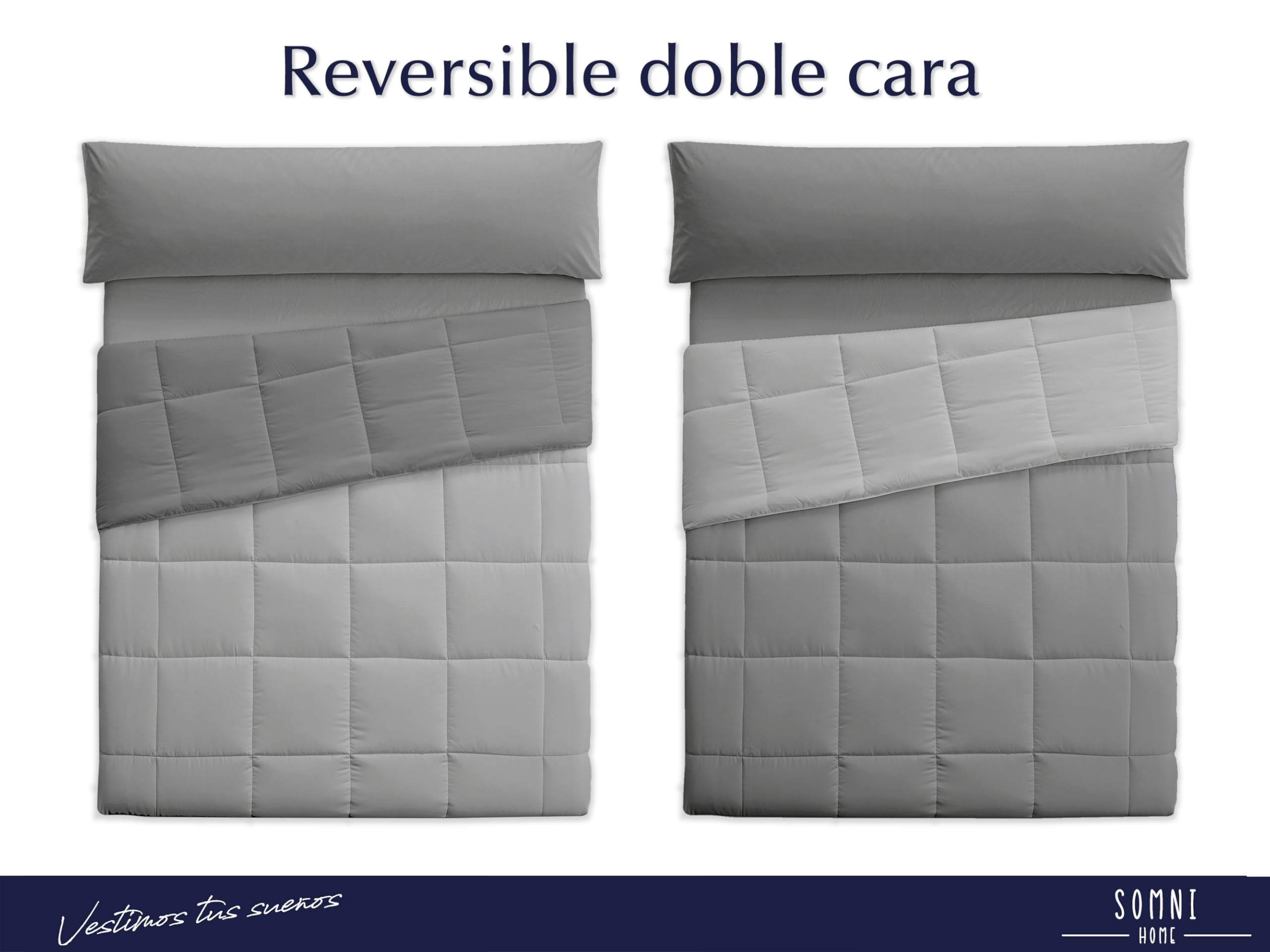 SOMNI HOME Edredón Reversible Nórdico Bicolor Otoño Cama 150/160 cm Duvet Tacto Pluma Microfibra Cálido Comodo Ligero. Cama Doble. Primavera Verano 200 gr. Perla - Gris 250x260
