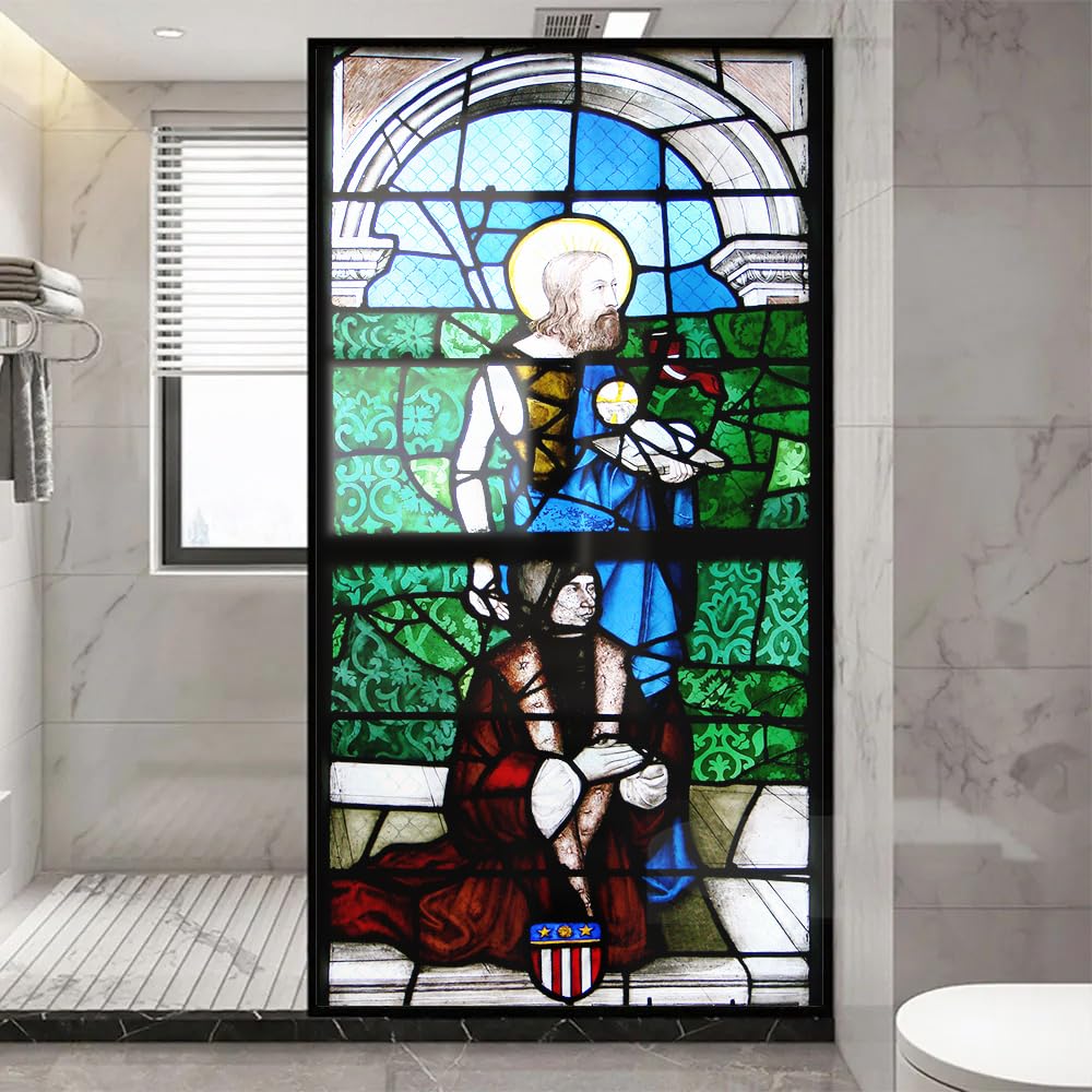 Church Style Stained Glass Window Film Decorative Privacy Non Adhesive Window Stickers for Home Office J25 90x180cm(35.4