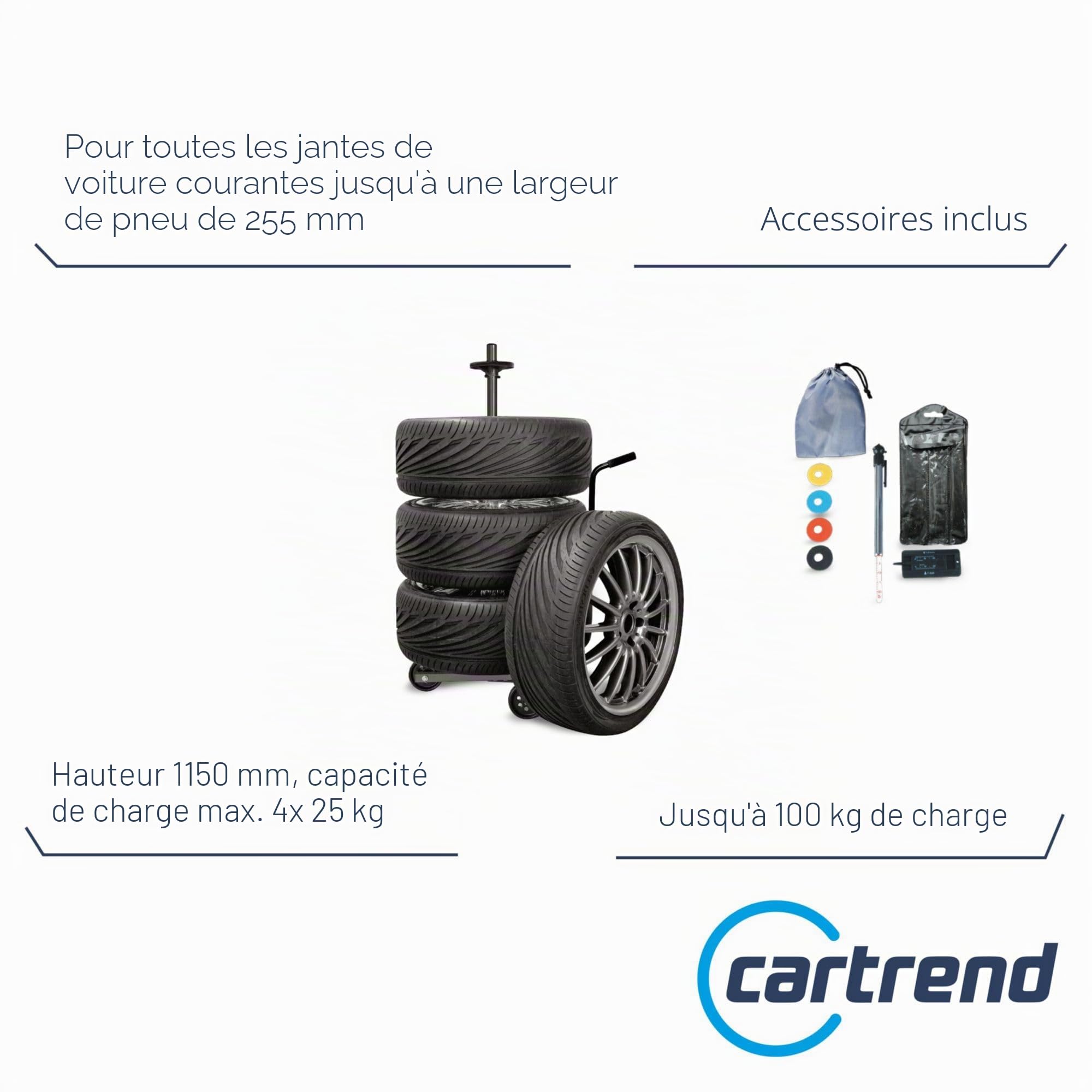 cartrend Cotons de jante, arbre de jante mobile avec housse de protection pour pneus, jusqu'à 255 mm de largeur, coussinets pour protéger les jantes