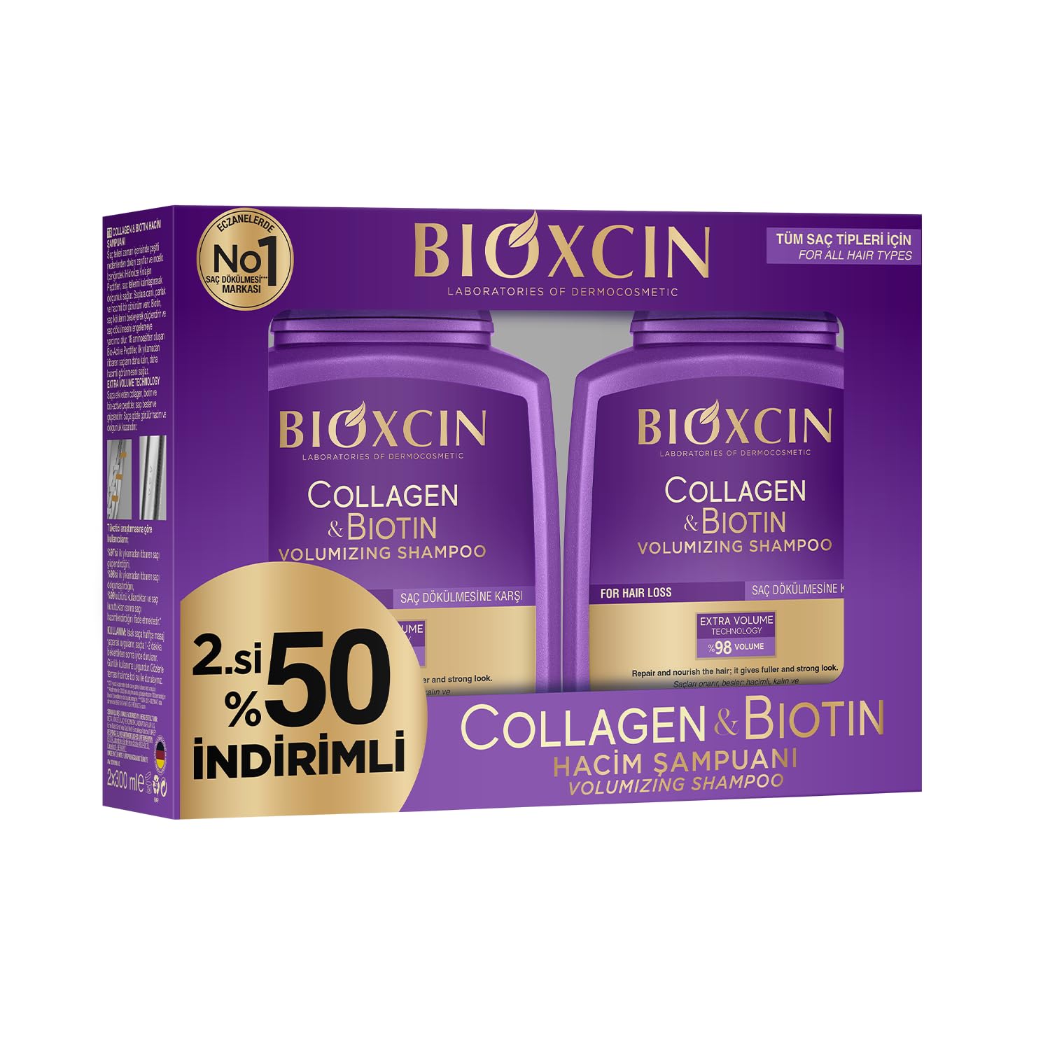 Bioxcin Collagen & Biotin Volume Shampoo 300ml - Second with 50% Discount for All Hair Types