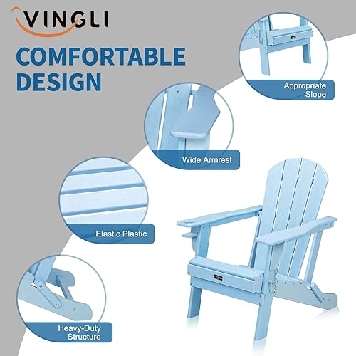Miniatura 7 de VINGLI Juego de 2 sillas Adirondack de plástico, plegables con portavasos, material de polietileno de alta densidad impermeable, cómoda capacidad de