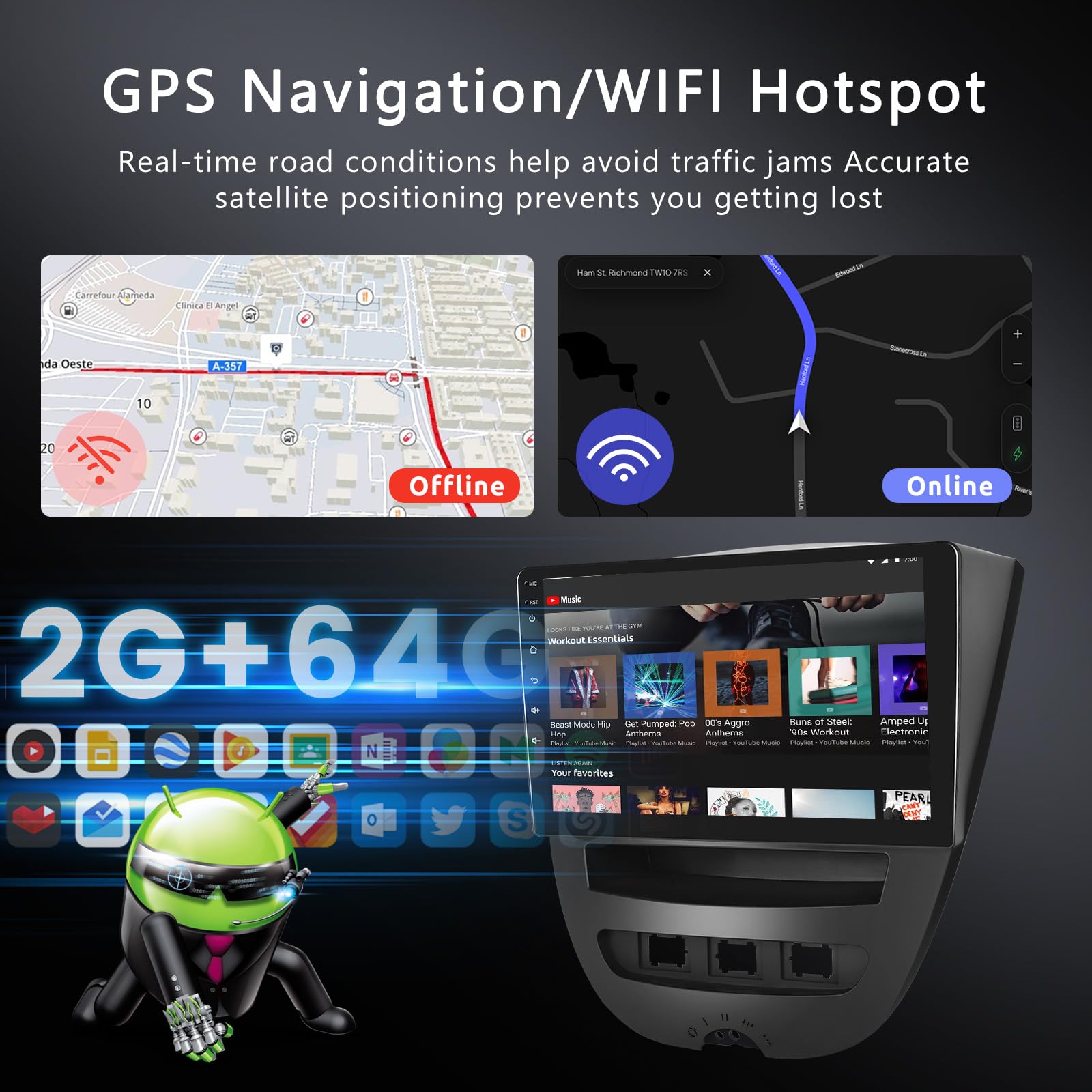 Hodozzy 10 Inch Android Autoradio Voor Toyota Aygo / Peugeot 107 / Citroën C1 (2004-2014) – 2GB+64GB – Draadloze Carplay & Android Auto – GPS – Bluetooth – Achteruitrijcamera