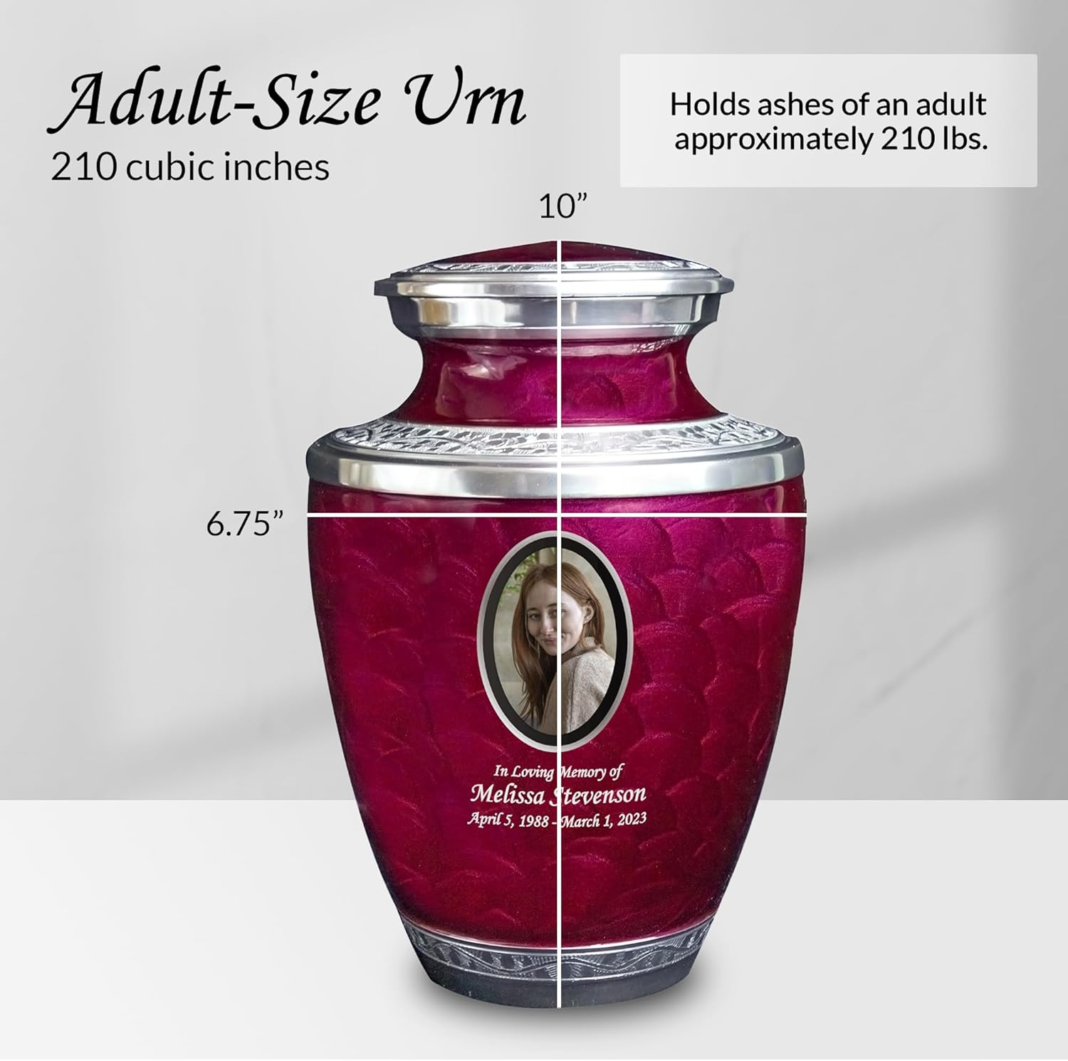 Personalized Photo Cremation Urns for Adult Human Ashes, Large Custom Engraved Picture Memorial Urn for Men and Women with Velvet Bag, Holds 230 lbs (Maroon)