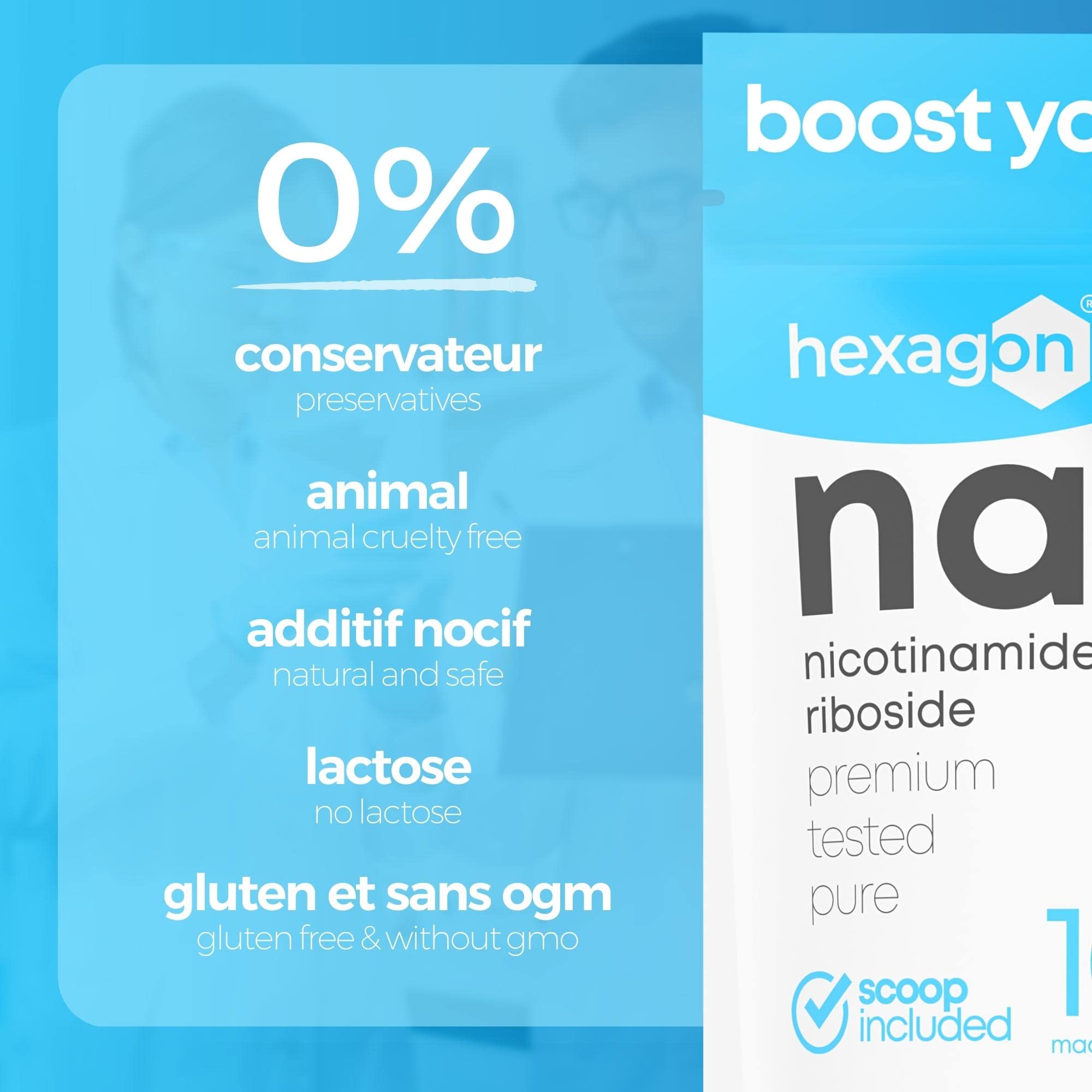 NAD+ Nicotinamide Riboside Chloride - +31 Jours de Cure - Poudre Pure, 10 Grammes - Contre l'âge et la fatigue - NAD Booster - Fabriqué et Testé en France - Vegan - Hexagon