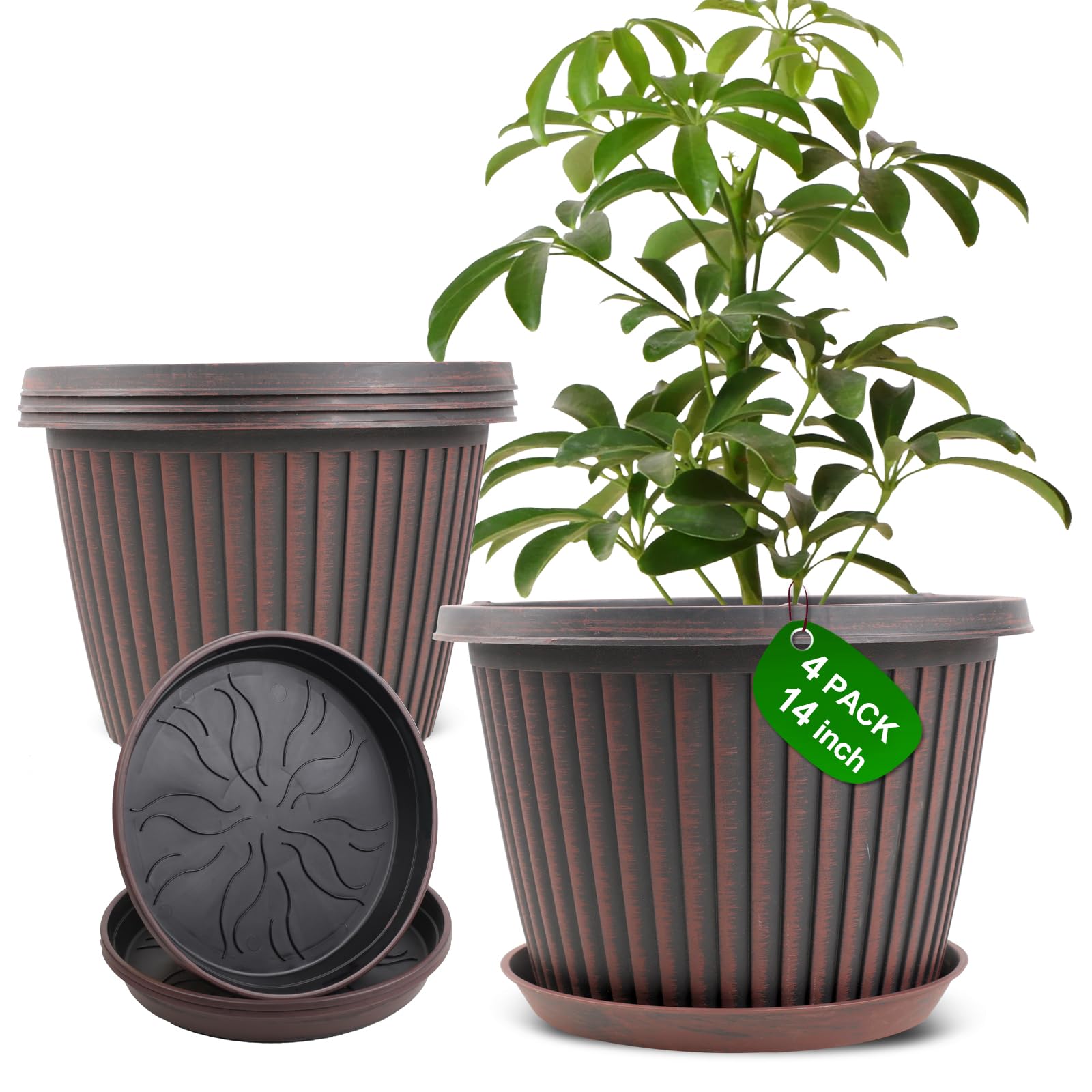 Large-Planter-Indoor-Outdoor Plant Pots, 14 inch 4 Pack Plastic Flower Pots with Saucer And Drainage Holes, Modern Garden Planters For Planting Medium