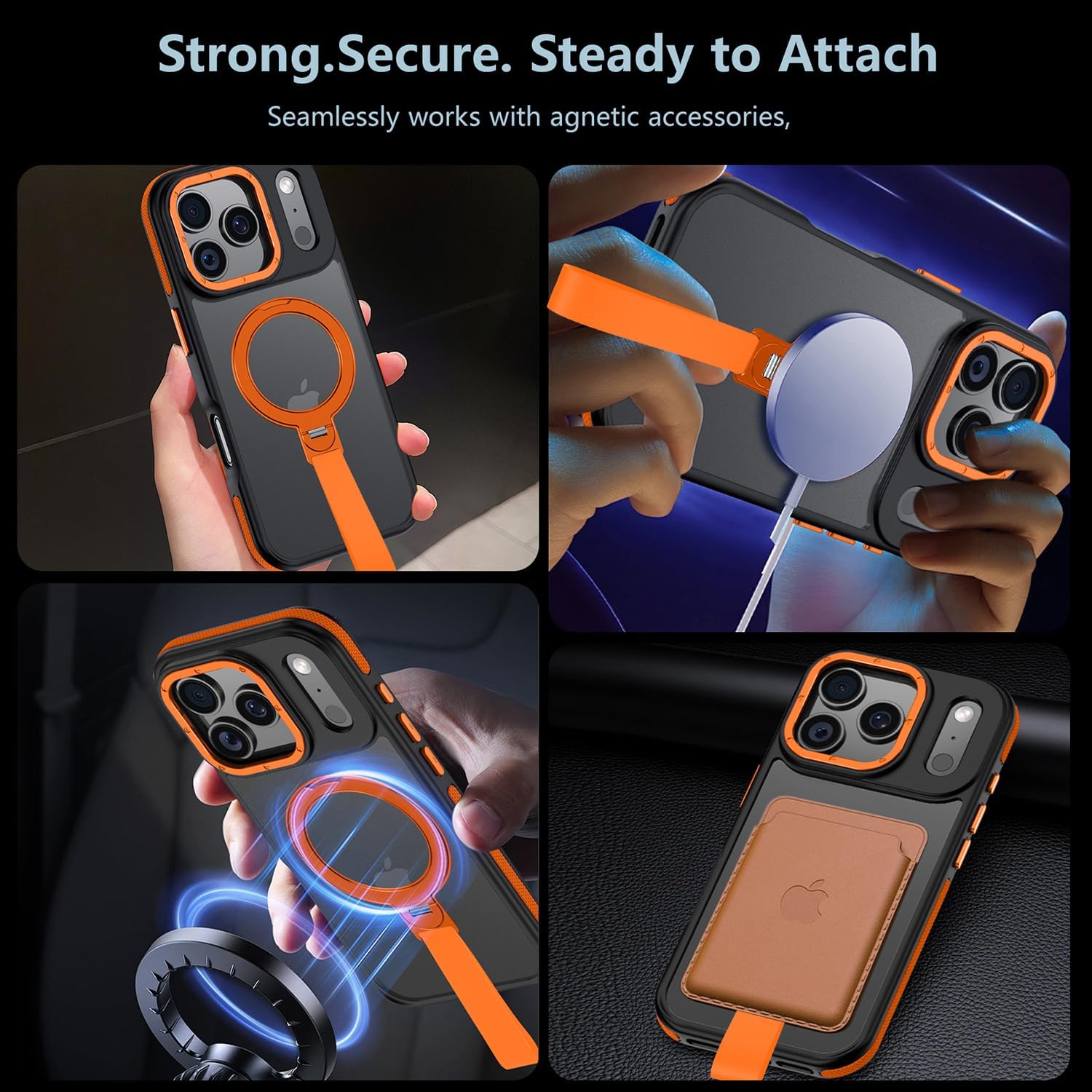 360°Spin Magnetic Stand Compatible with iPhone 17 Pro Max Case,Ring Holder&Kickstand with Silicone Strap[Fit for MagSafe],Mil-Grade Shockproof Protective Translucent Phone Case (Orange) - Image 6