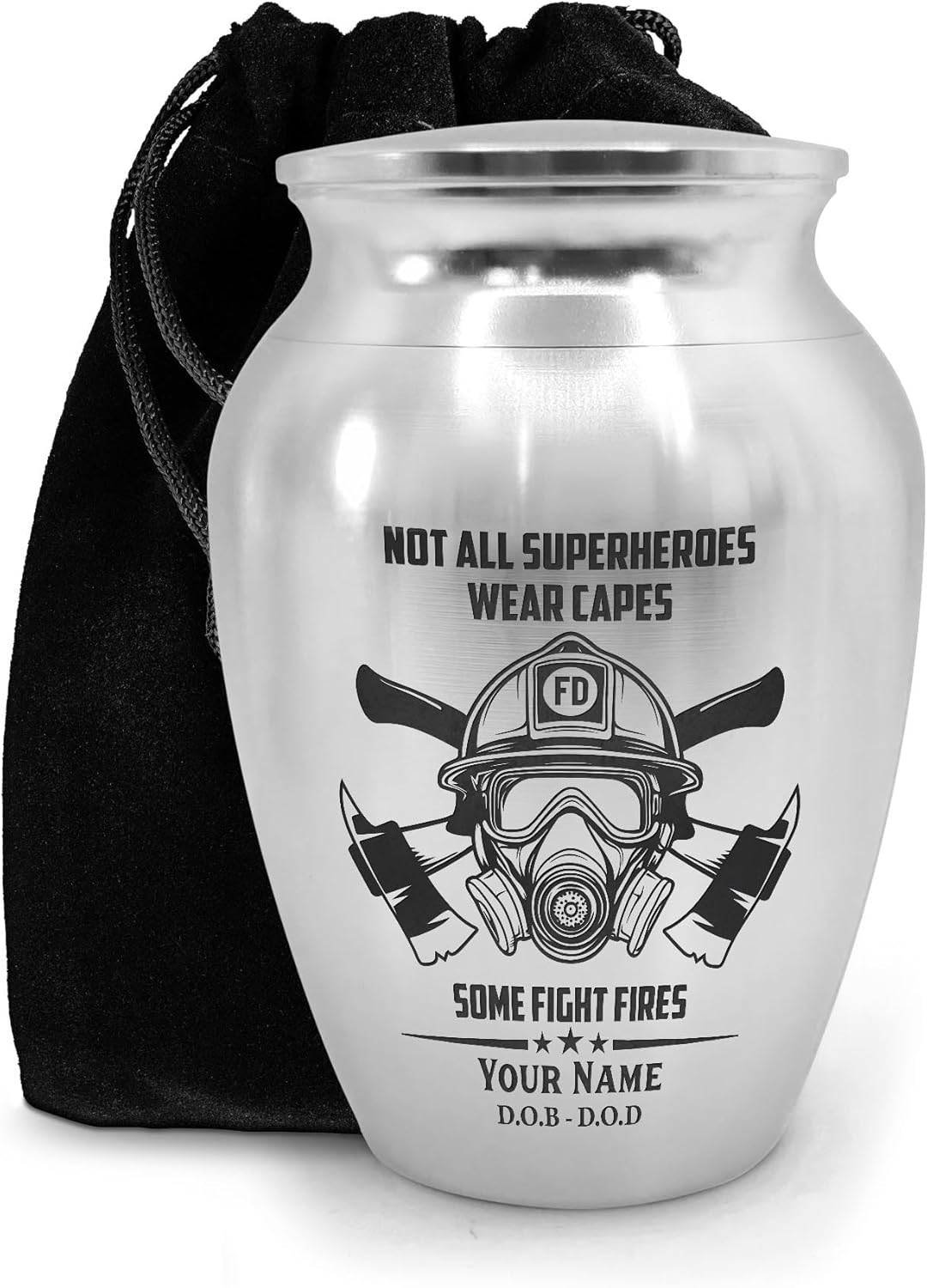 Artsy Woodsy Personalized Fireman Mini Urns Stainless Steel, Decorative Keepsake Urns with Fire Fighter Design 2.56 inch, Funeral Memorial Urns for Adult Male Female Human Ashes (Silver, 2.56, 04)