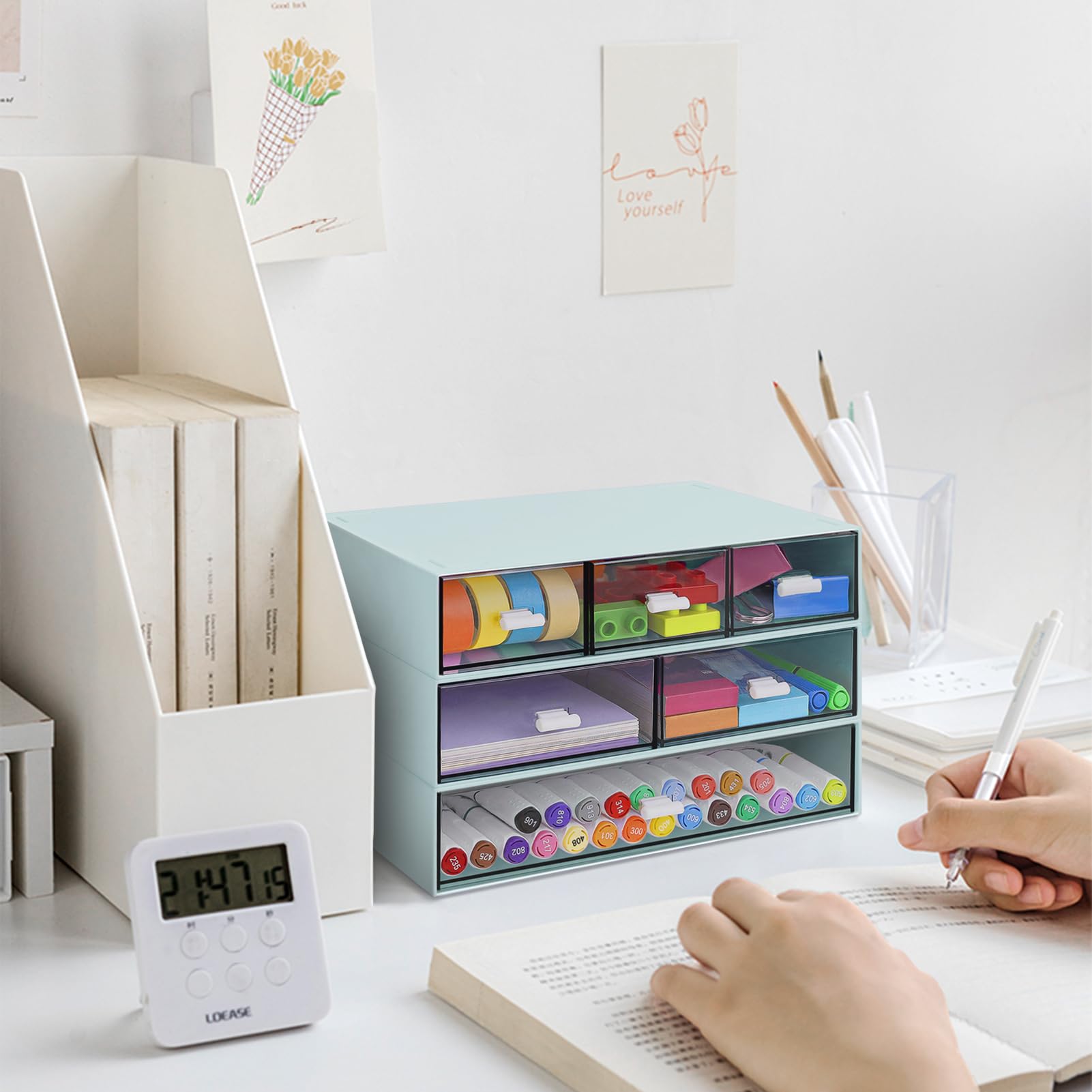 Organizador de escritorio apilable de 3 niveles con 6 cajones, caja de almacenamiento de escritorio de plástico, cajones de escritorio, almacenamiento de maquillaje desmontable, organizador de