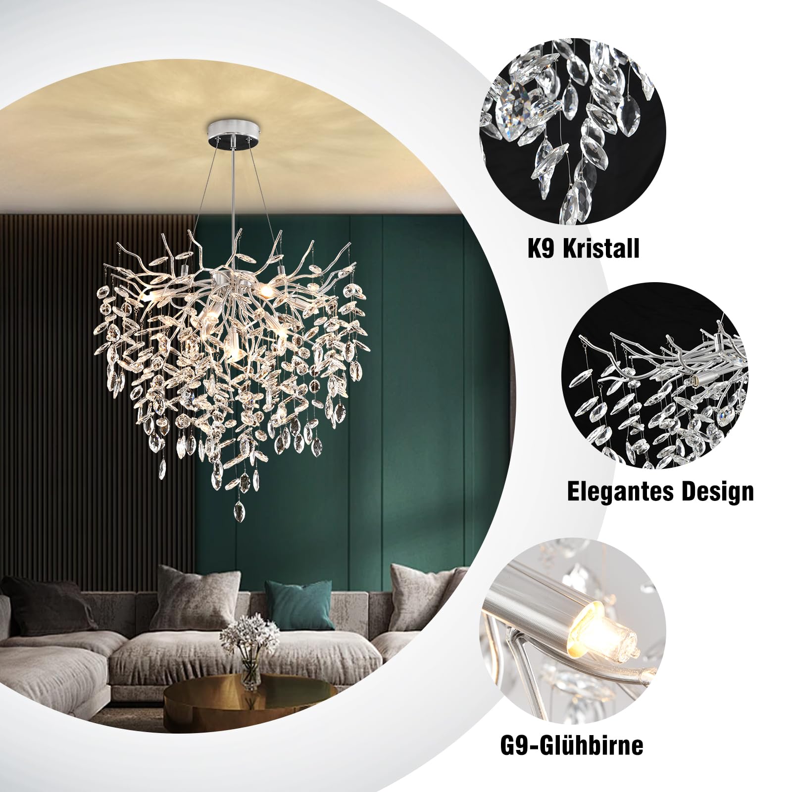 Modern Kronleuchter Kristall Golden, Große Luxus Raindrop Pendelleuchte, Rund Kristall Hängeleuchte Light Fixture, Luxury Tree Branch Kronleuchter für Kücheninsel, Esszimmer, 60cm