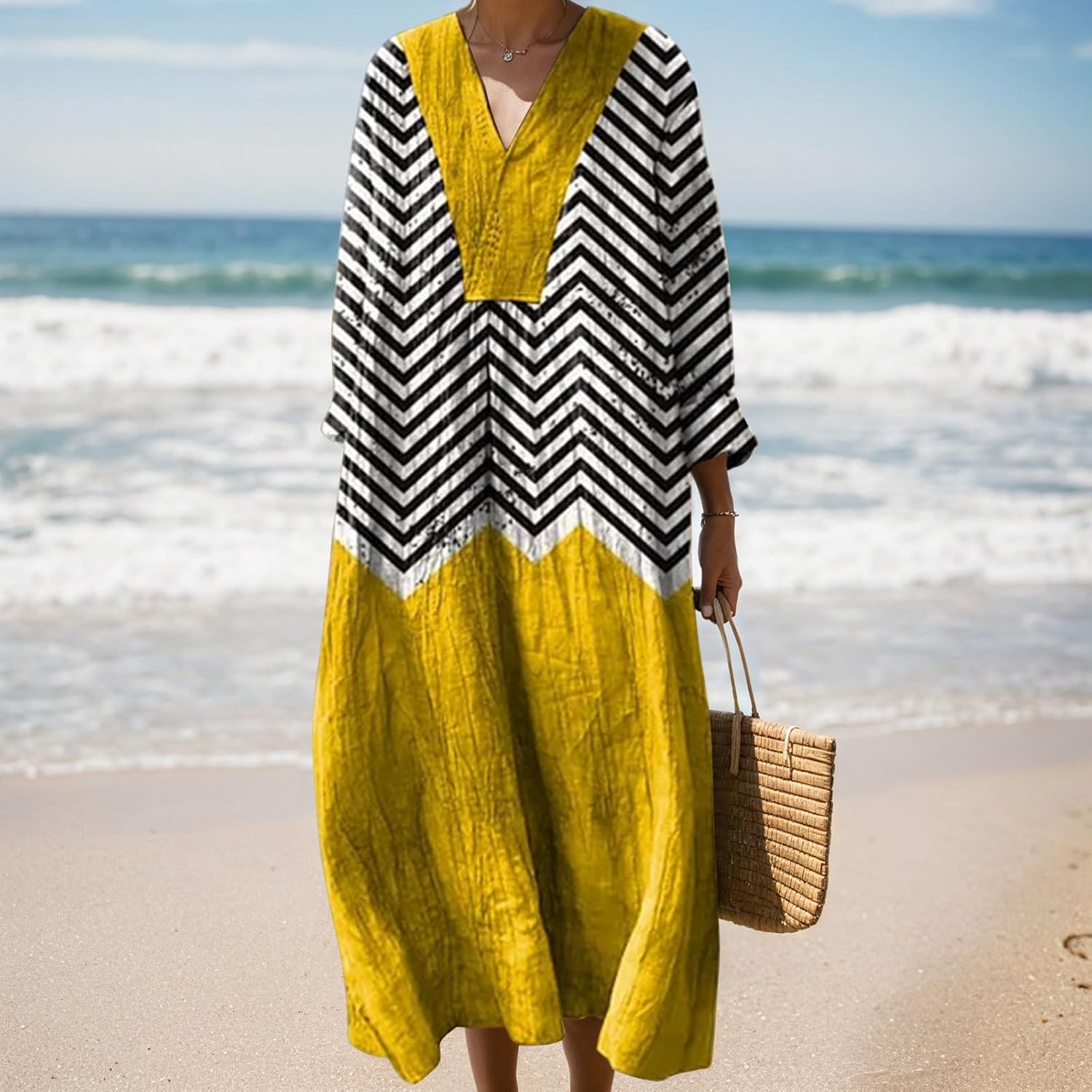 Women's Boho Smocked Long Sleeve Maxi Dress Summer Casual Loose Floral Beach Vacation Dress with Pockets - Image 2