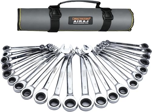 AIRAJ 22 PCS Ratcheting Wrench Set,SAE 1/4-3/4 Inch & 6-18 Mm,Standard Combination Ratchet Wrenches Set for Car Repair and Household Equipment Repair,Chrome Vanadium Steel, Portable Handbag…