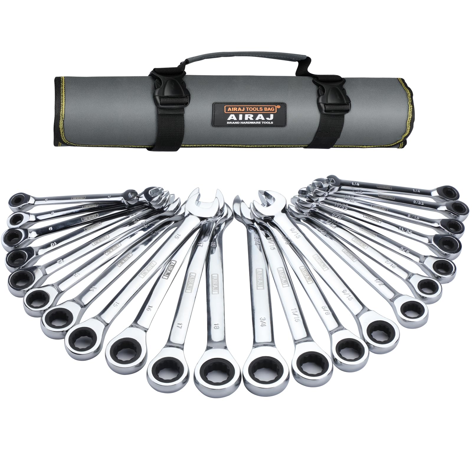 AIRAJ Combination Wrench Set,22-Piece Ratcheting Wrench Set,Long Open End,72-Tooth Ratchet Drive,CR-V Steel,Organizer With Tool Roll Bag,1/4"-3/4" & 6-18mm,SAE & Metric