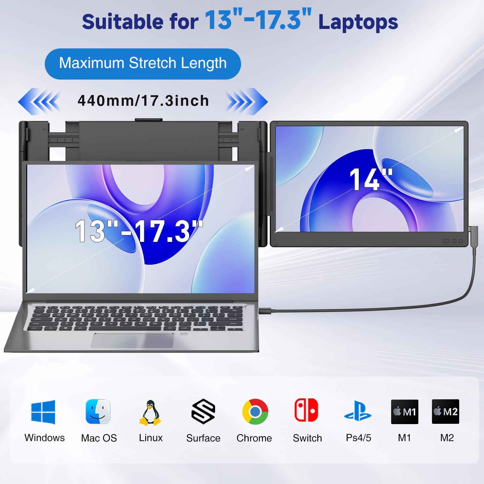 siaviala Monitor Portatile, 14” FHD 1080P IPS Doppio Schermo PC Portatile, Schermo Portatile per Laptops 13-17.3", Plug & Play Dual Schermate per Windows/Mac/Android/PS5 con porta USB C/HDMI