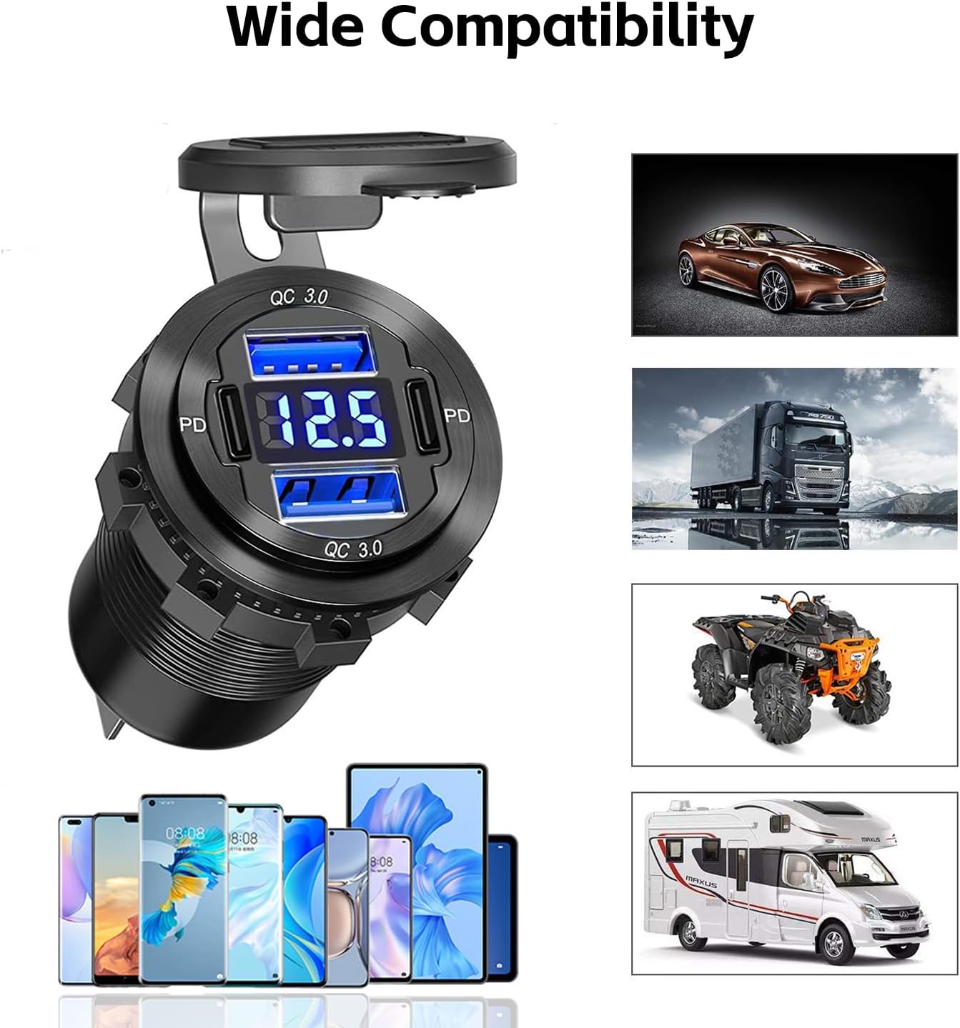 3 in 1 WNNBTOVN Multifunctional Marine Rocker Switch Panel,Digital Voltmeter,Four-Ports Aluminum Alloy USB Car Charger,Cigarette Lighter Socket,1 Button to Control 2 Sockets