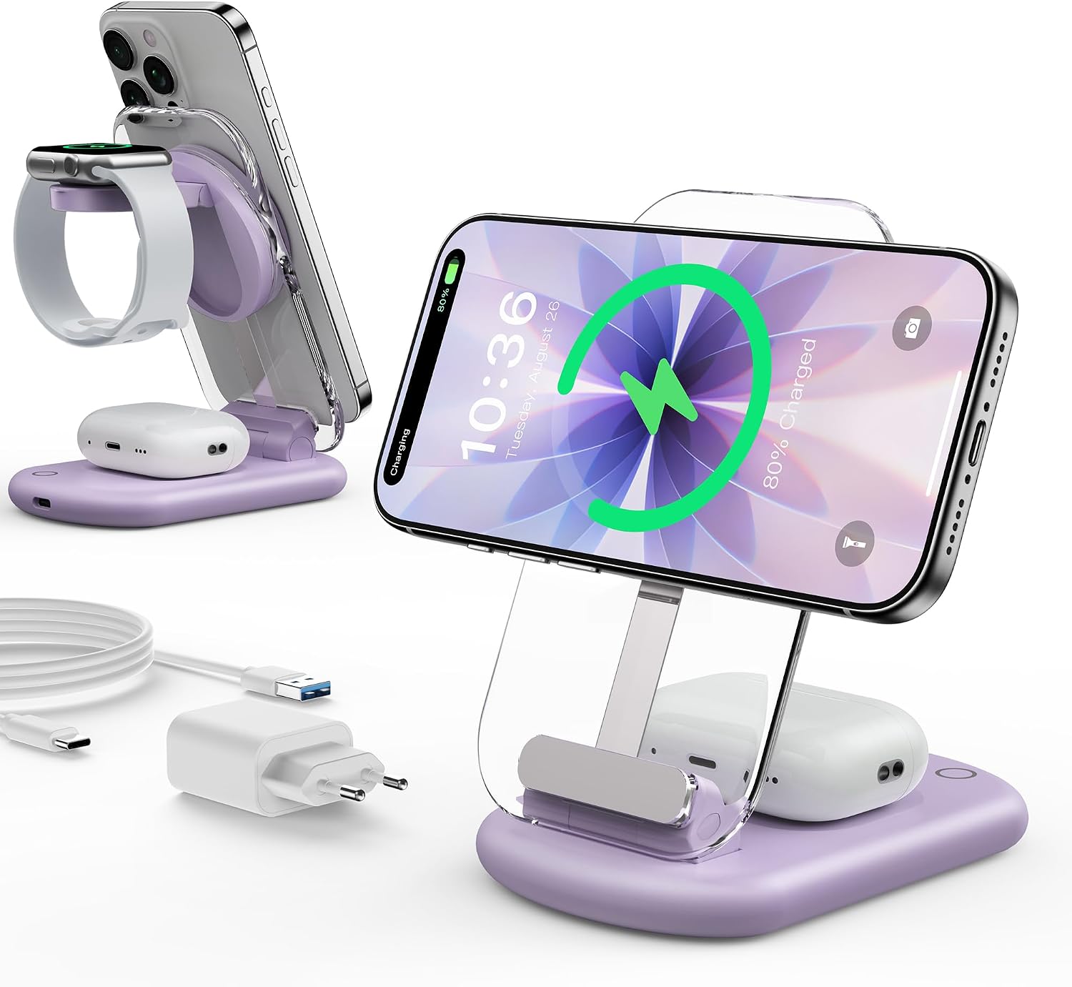 Mag Safe ładowarka, stacja ładująca Apple Watch i iPhone, stacja ładująca 3 w 1, kompatybilna z iPhone 17, 16, 15, 14, 13, 12 Pro Max/Air/Plus/Pro, do Apple Watch 10/9, Airpods 3/2/Pro, fioletowa