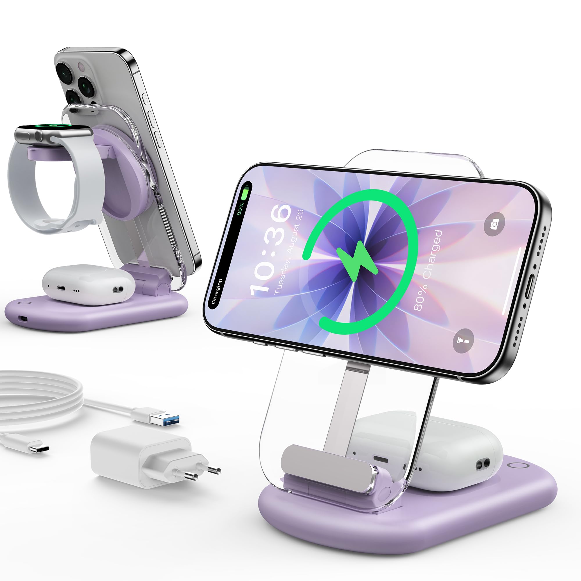 Mag Safe Charger, Charging Station for Apple Watch and iPhone, 3-in-1 Charging Station Compatible with iPhone 17, 16, 15, 14, 13, 12 Pro Max/Air/Plus/Pro, for Apple Watch 10/9, Airpods 3/2/Pro, Purple