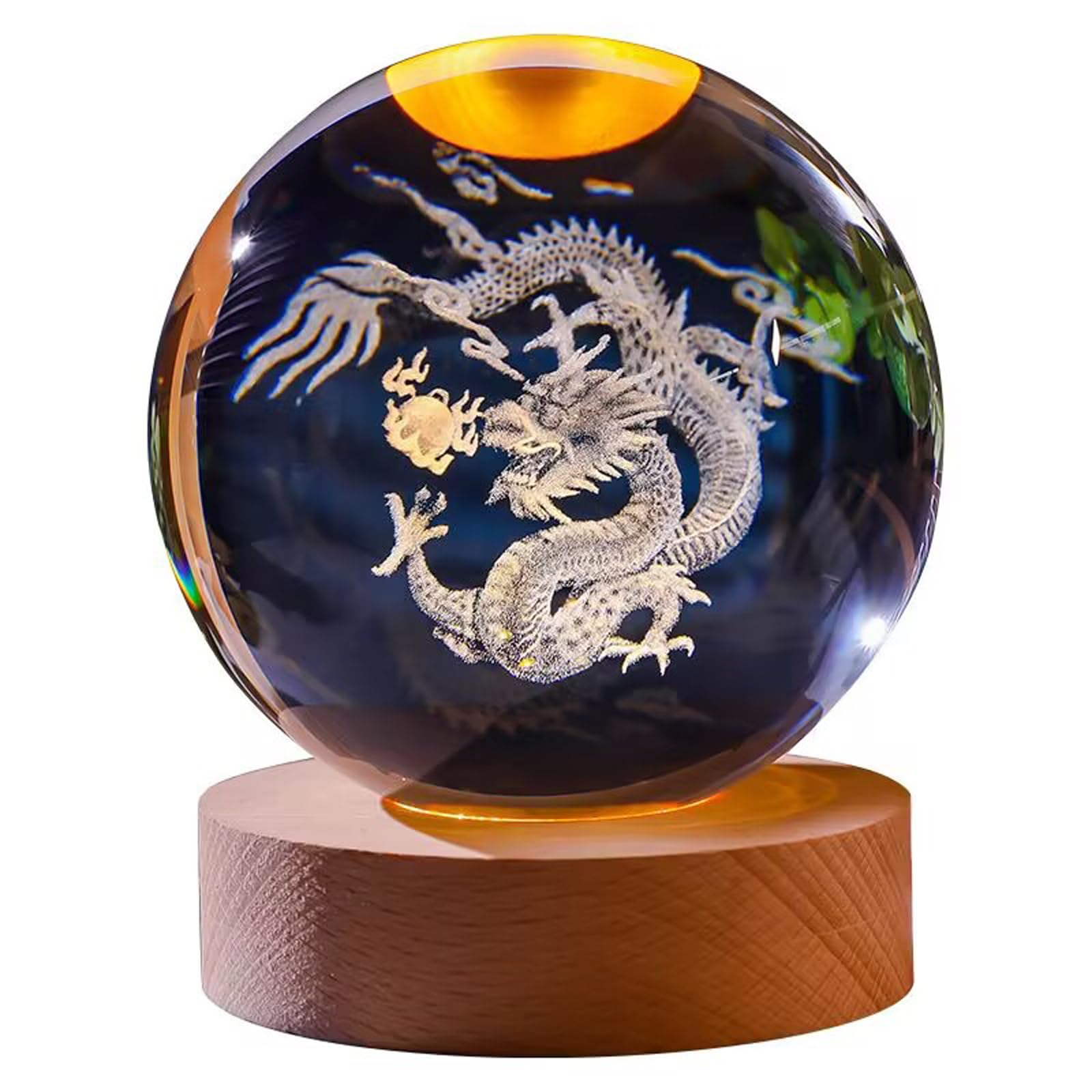 WXMYOZR Chinese Zodiac 80mm 3D Crystal Ball with Wooden Lighting Base Feng Shui Glass Sphere Chinese New Year Gift,Drangon