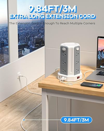 Miniatura 7 de Regleta de alimentación con protector contra sobretensiones, cable de extensión de 10 pies con 12 tomacorrientes múltiples de CA, 4 USB (1 USB C),