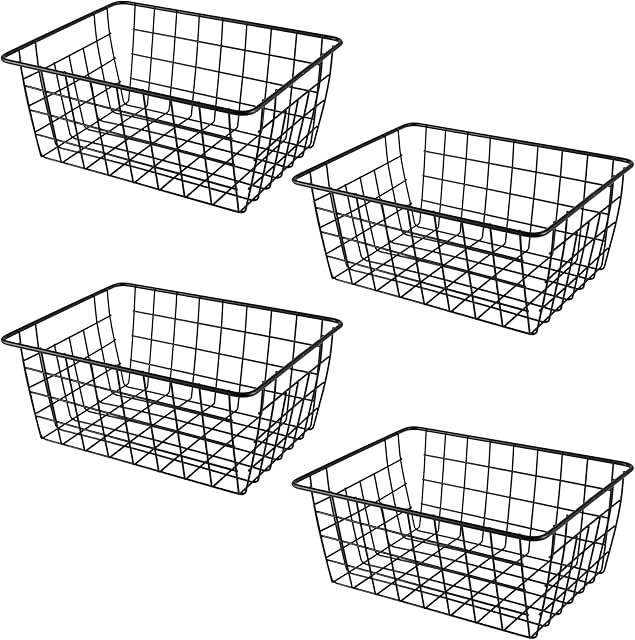 KOHAND 4 Pack 11 x 8.5 x 4.7 Inch Black Wire Storage Baskets, Metal Iron Storage Bin, Wire Freezer Organizer Bin, Small Pantry Baskets for Food, Snacks, Drinks, Fruits