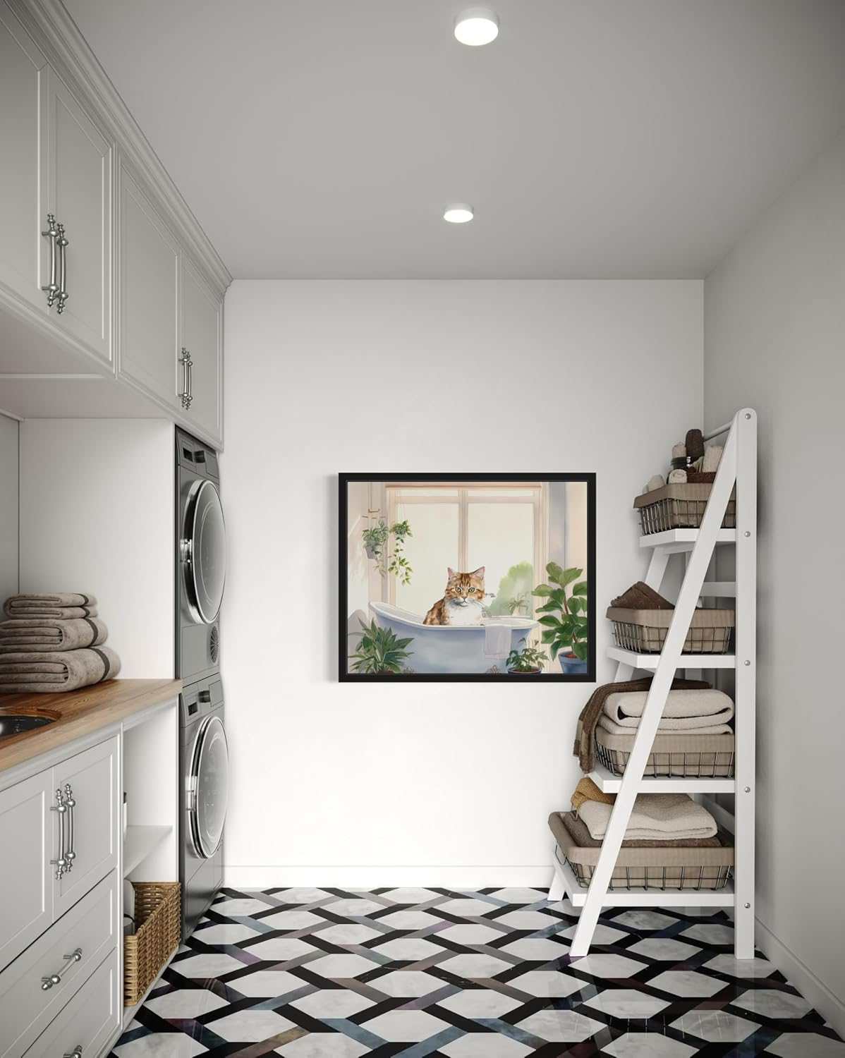 Cat Wall Art Poster Print, Animal Bathtub Restroom Wall Art Painting for Bathroom Decor Gallery Gallery 30 (Cat, 16 x 20 inches, Black Frame)