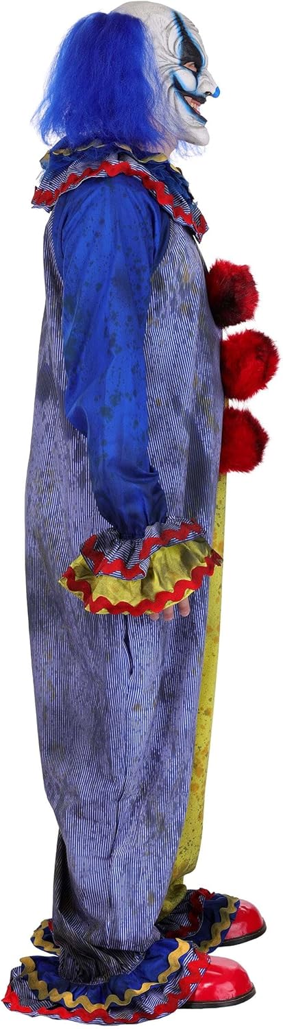 Adult Blue Carousel Clown Costume with Mask - Men's Blue & Yellow Jumpsuit, Red Pom-Poms & Eerie Clown Mask - Image 9
