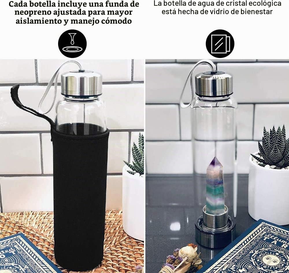 Natural Cristal Botella de Agua, Botella de Cristal con Gemas de Cristal extraíbles,Prueba de Fugas Agua portátil Curativo de Cuarzo Botella 550ML (Fluorita Colorida)