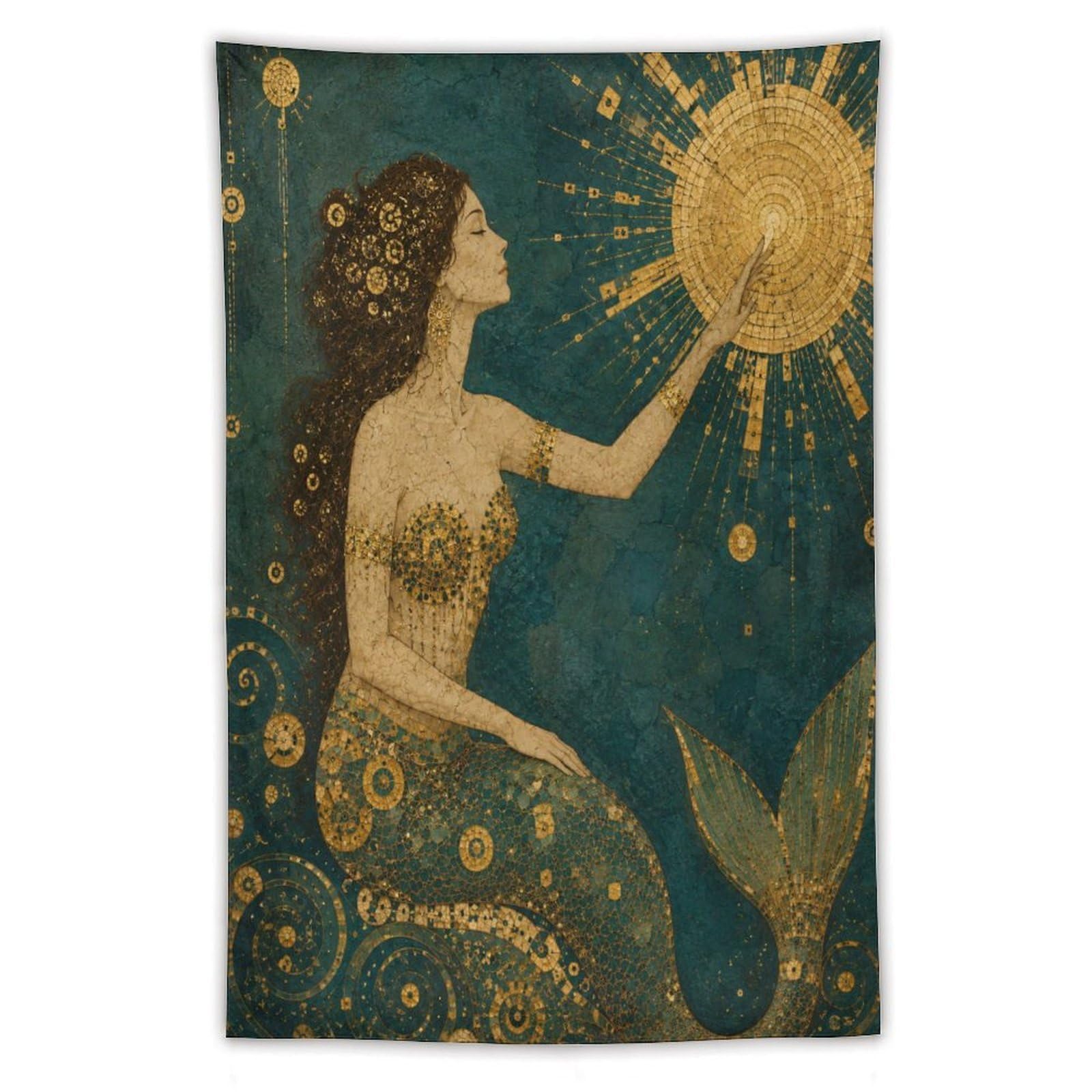W7C8U2X3 Mermaid Holding Sun Wall Tapestry, Art Nouveau Style, Art Nouveau