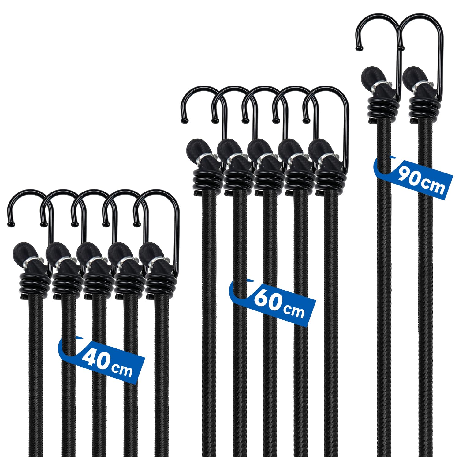 12Pcs Black Bungee Cords, 35kg Max Load, 40/60/90cm, Rust/UV-Proof