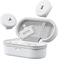 BOYA Omic-D Microfone de Lapela Sem Fio para iPhone 2TX + Lightning RX, Redução de Ruído, Bateria com Duração de 30H e Alcance de 50M com Estojo de Carregamento - Branco