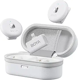 BOYA Omic-D Microfone de Lapela Sem Fio para iPhone 2TX + Lightning RX, Redução de Ruído, Bateria com Duração de 30H e Alcance de 50M com Estojo de Carregamento - Branco
