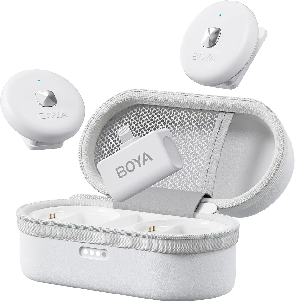 BOYA Omic-D Microfone de Lapela Sem Fio para iPhone 2TX + Lightning RX, Redução de Ruído, Bateria com Duração de 30H e Alcance de 50M com Estojo de Carregamento - Branco