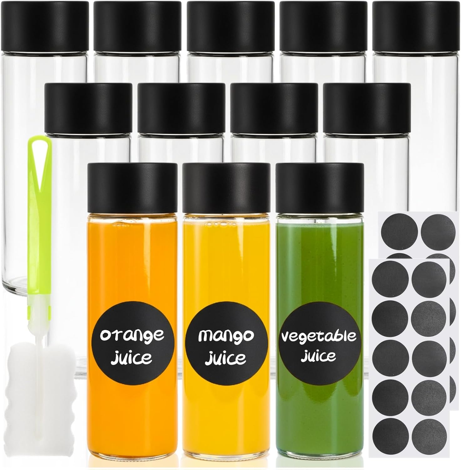 Pumtus 12 Pack Glass Bottles with Lid, 12 OZ Reusable Glass Juice Bottle, 350ml Leakproof Water Beverage Container, Drink Jars for Tea Milk (Labels & Sponge Brush Included)