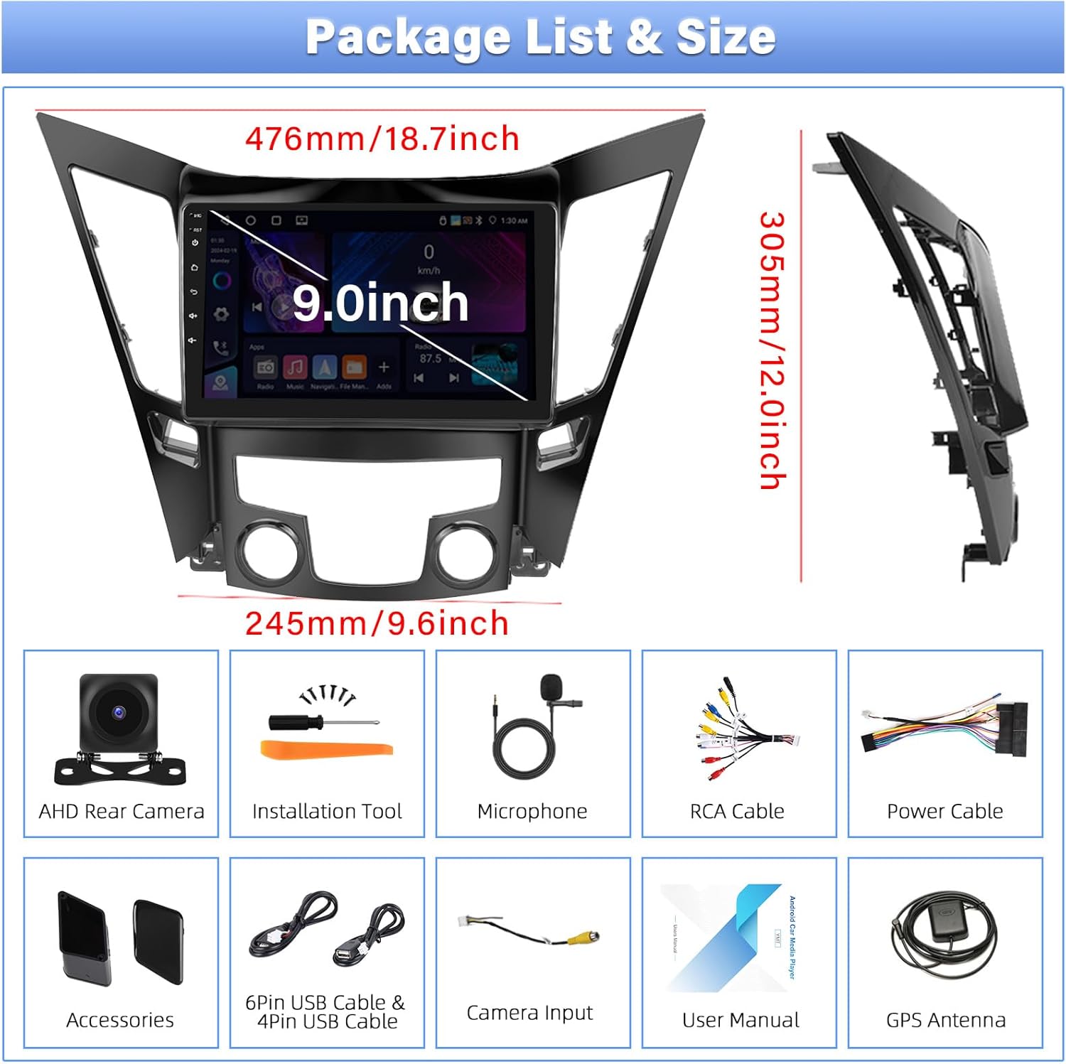 4+64G Android 13 Car Radio for Hyundai Sonata 2010-2015, 9'' HD 1280 * 720 Touchscreen Stereo with Wireless CarPlay Android Auto Mirror Link GPS Navi Bluetooth,WiFi,32EQ,SWC+Camera&Mic