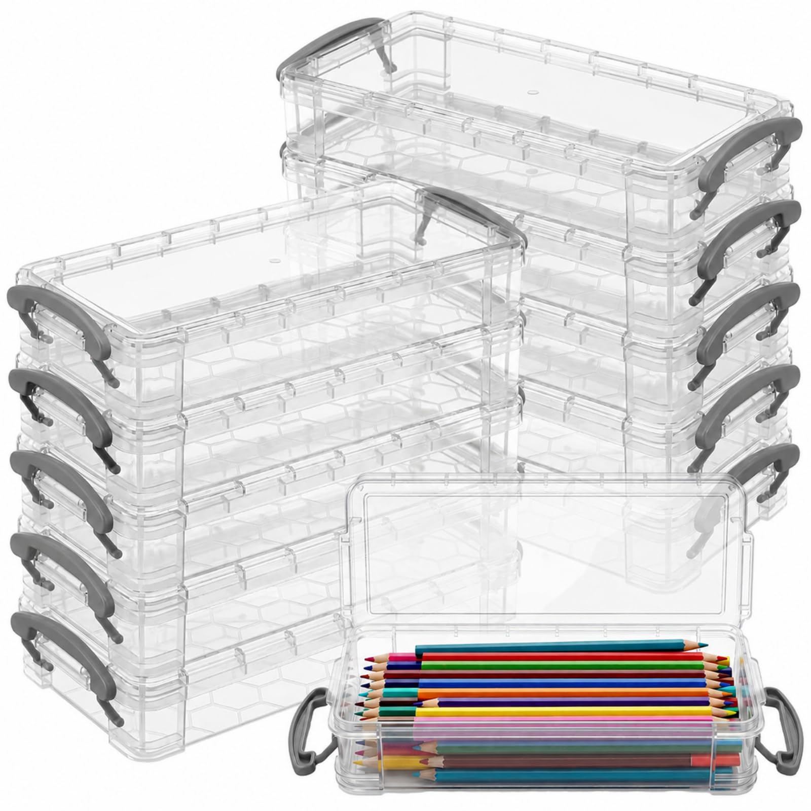 Zonon Stiftebox mit großem Fassungsvermögen, stapelbar, transparenter Kunststoff, Aufbewahrungsbox, Malpinsel, Aufbewahrungsbox, durchscheinendes Aquarell-Federmäppchen mit Druckknopfdeckel, Grau, 24