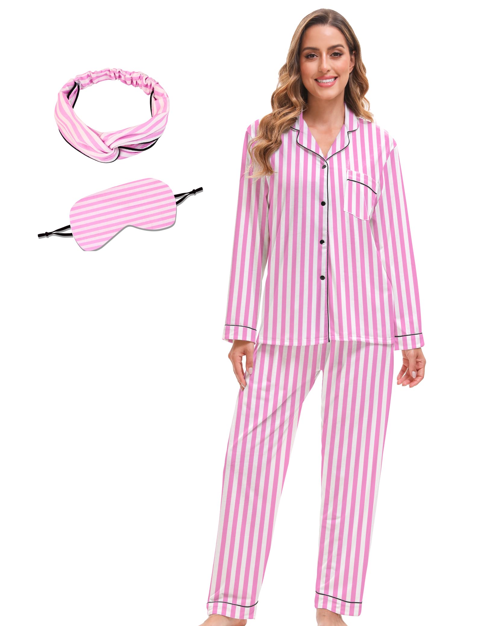 MEEYI Pajamas for Women Set 2 Piece Long Sleeve Top and Pants Cute Pj Sets Soft Button Down Sleepwear with Eye Mask Headband