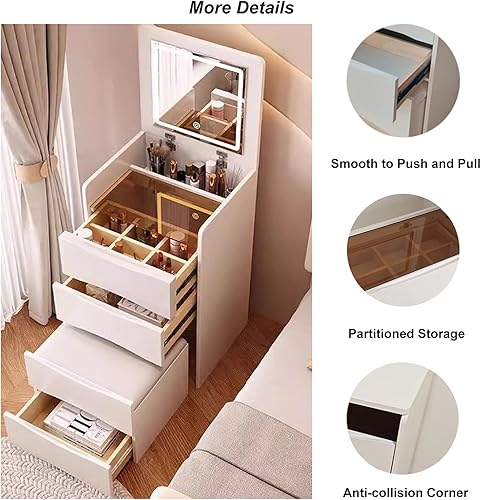 Miniatura 4 de OXBZKMY Mesa de tocador con espejo superior abatible y luz LED, tocador de maquillaje con 3 cajones, taburete acolchado extraíble, escritorio de