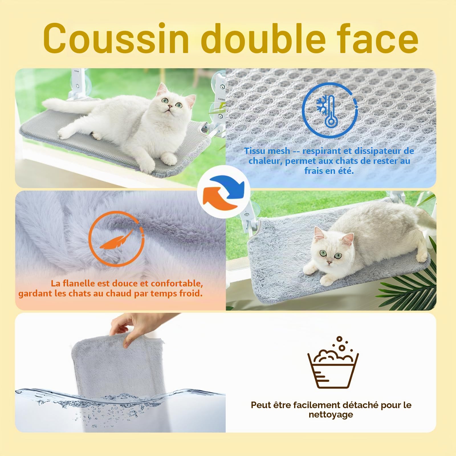 CATISM Pliable Hamac Chat Fenetre Jusqu'à 20kg, Hamac pour Chat Renforcé avec Ventouse Puissante, Coussin en Tissu Double Face, Sac de Couchage pour Chats (52 x 30), Gris