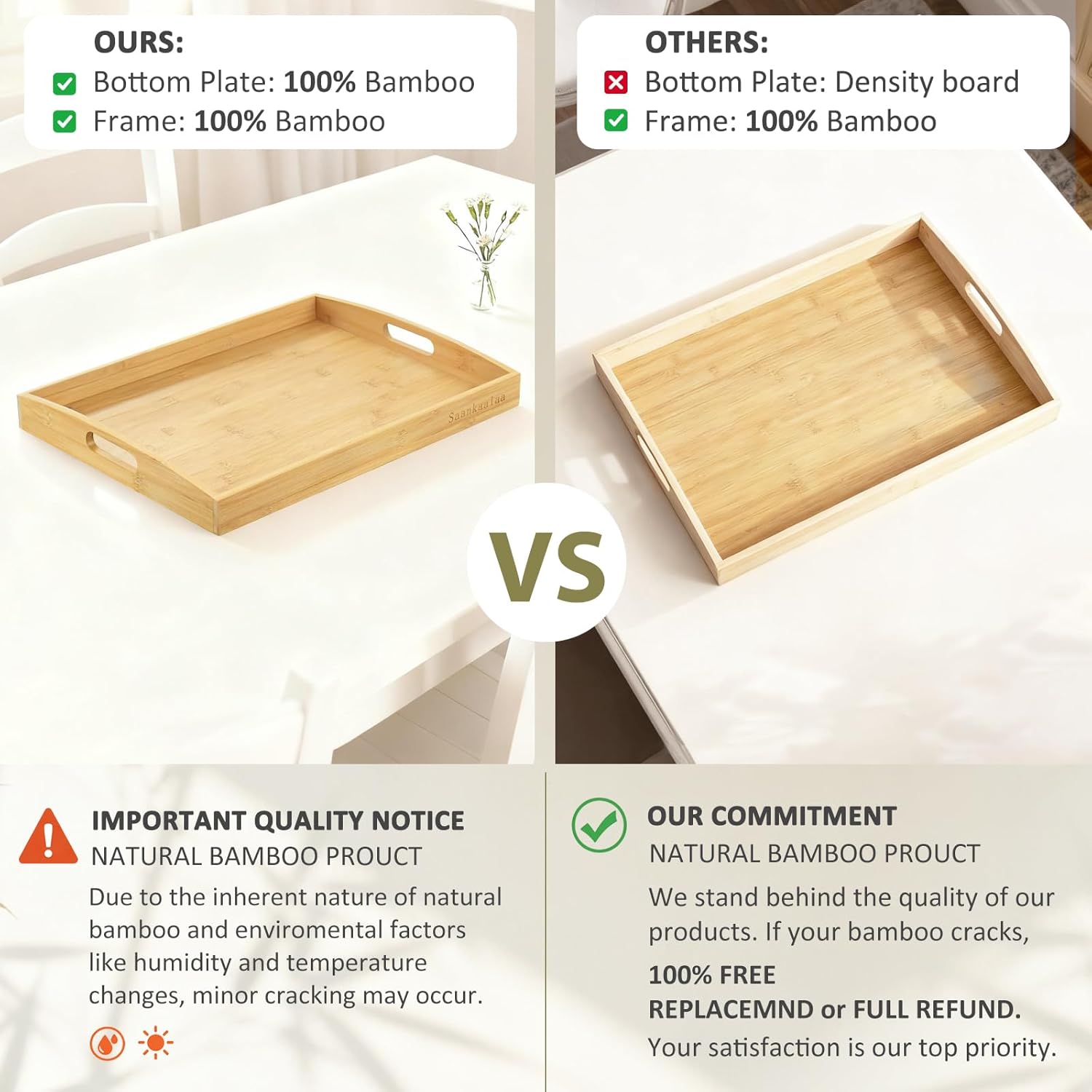 Bamboo Serving Tray with Handles, Set of 2 Large Wood ServingTrays for Food & Coffee, Elegant Wooden Tray for Breakfast in Bed, Kitchen & Party-Natrual Finish - Image 8