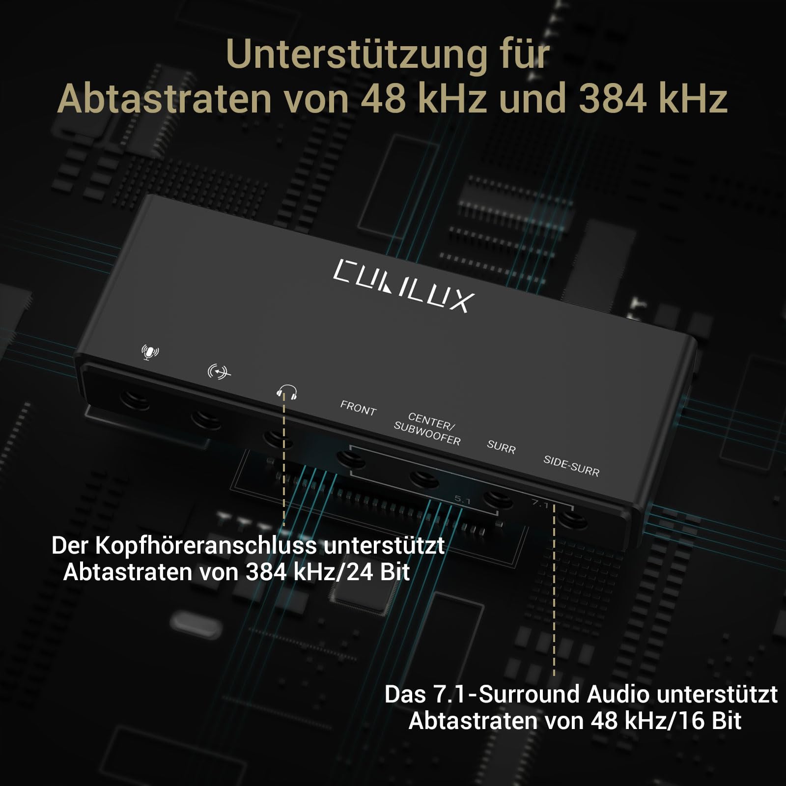 Cubilux 7.1 USB Surround Soundkarte- 48 kHz-384 kHz Abtastrate für Kopfhörer, Externe USB A Soundkarte aus Aluminium, Line In und Stereo Mic In